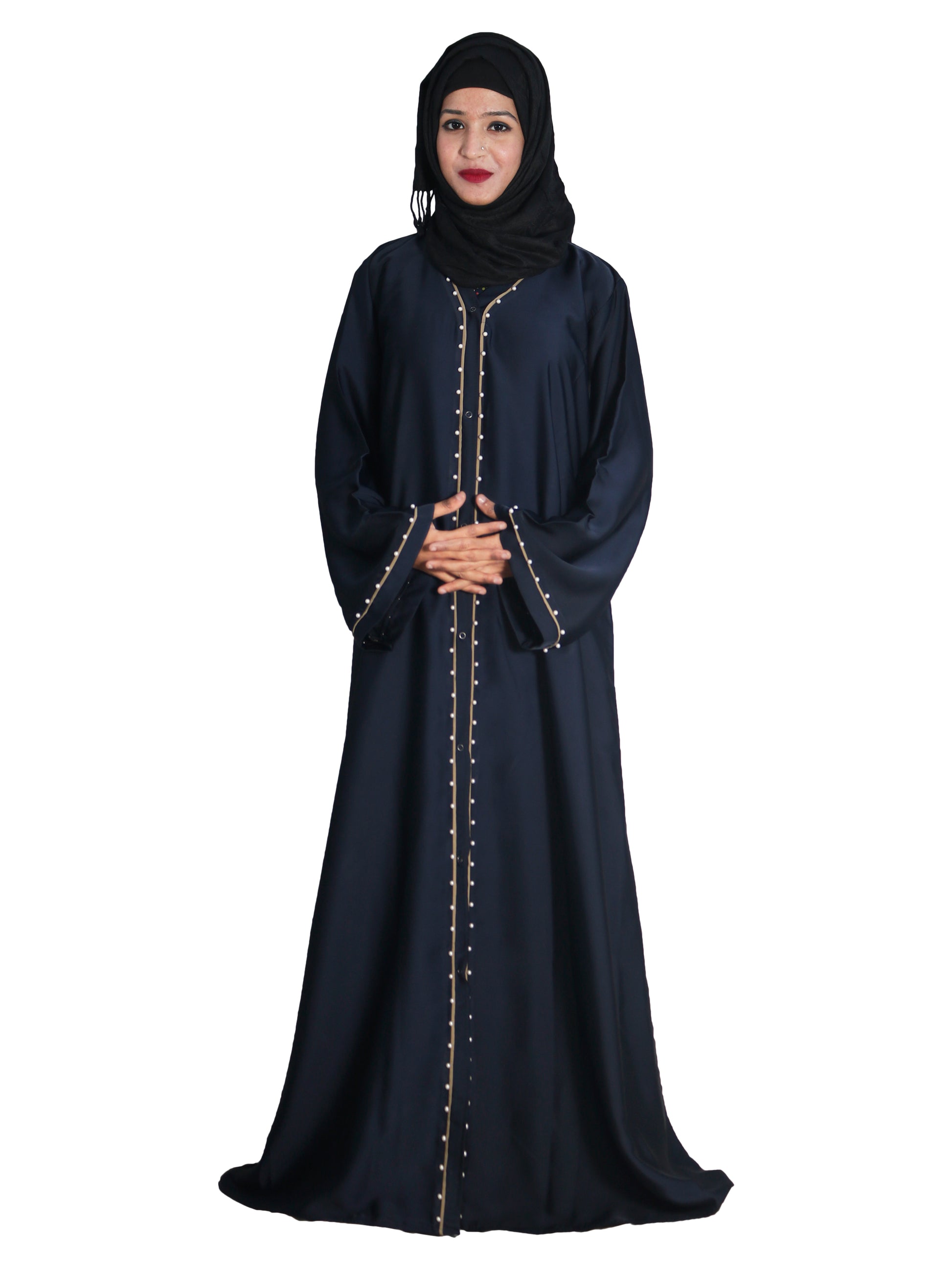 Beautiful Self Design Blue Front Open Embroidered Art Silk Abaya With Hijab_0612