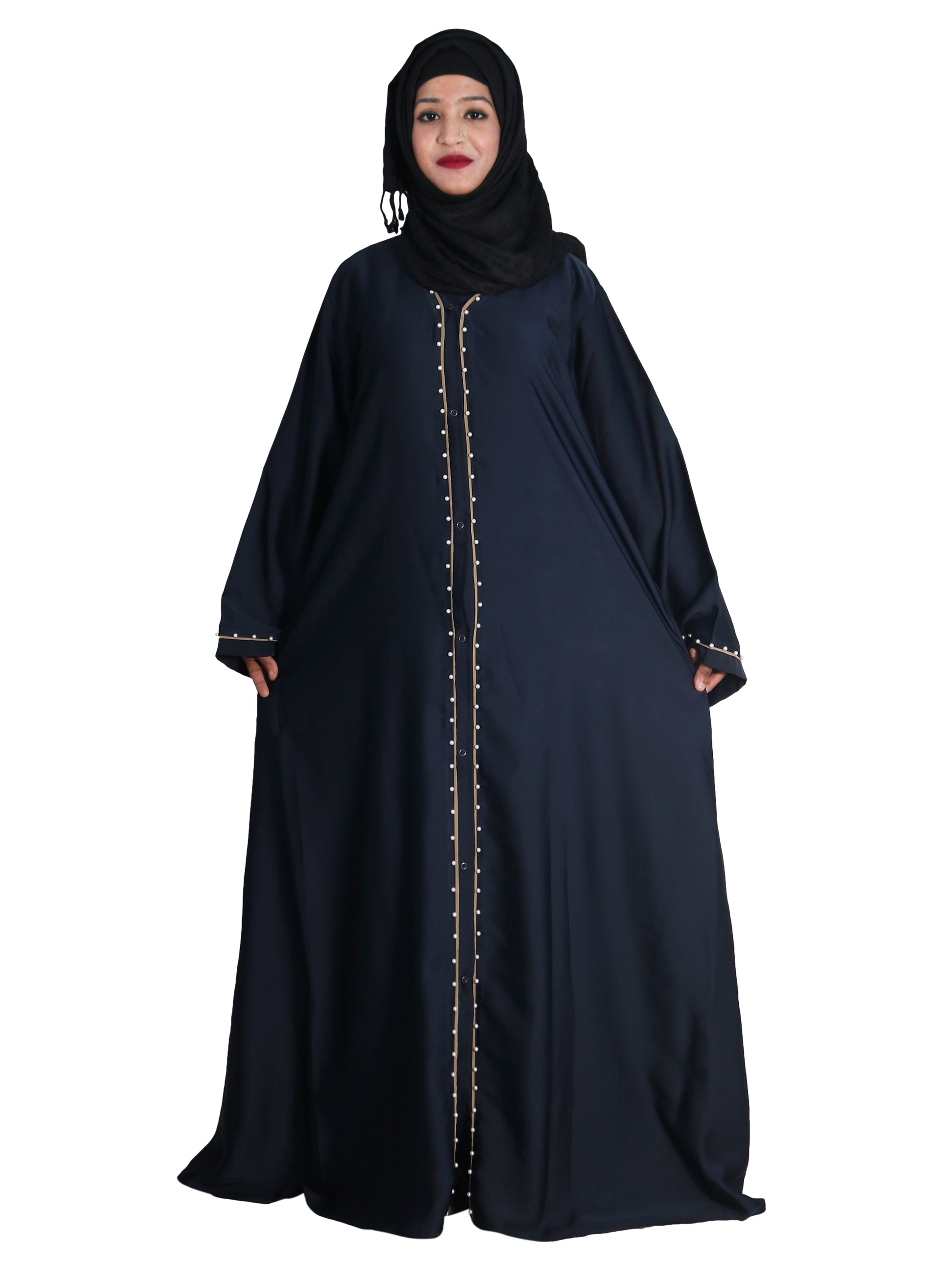 Beautiful Self Design Blue Front Open Embroidered Art Silk Abaya With Hijab_0612