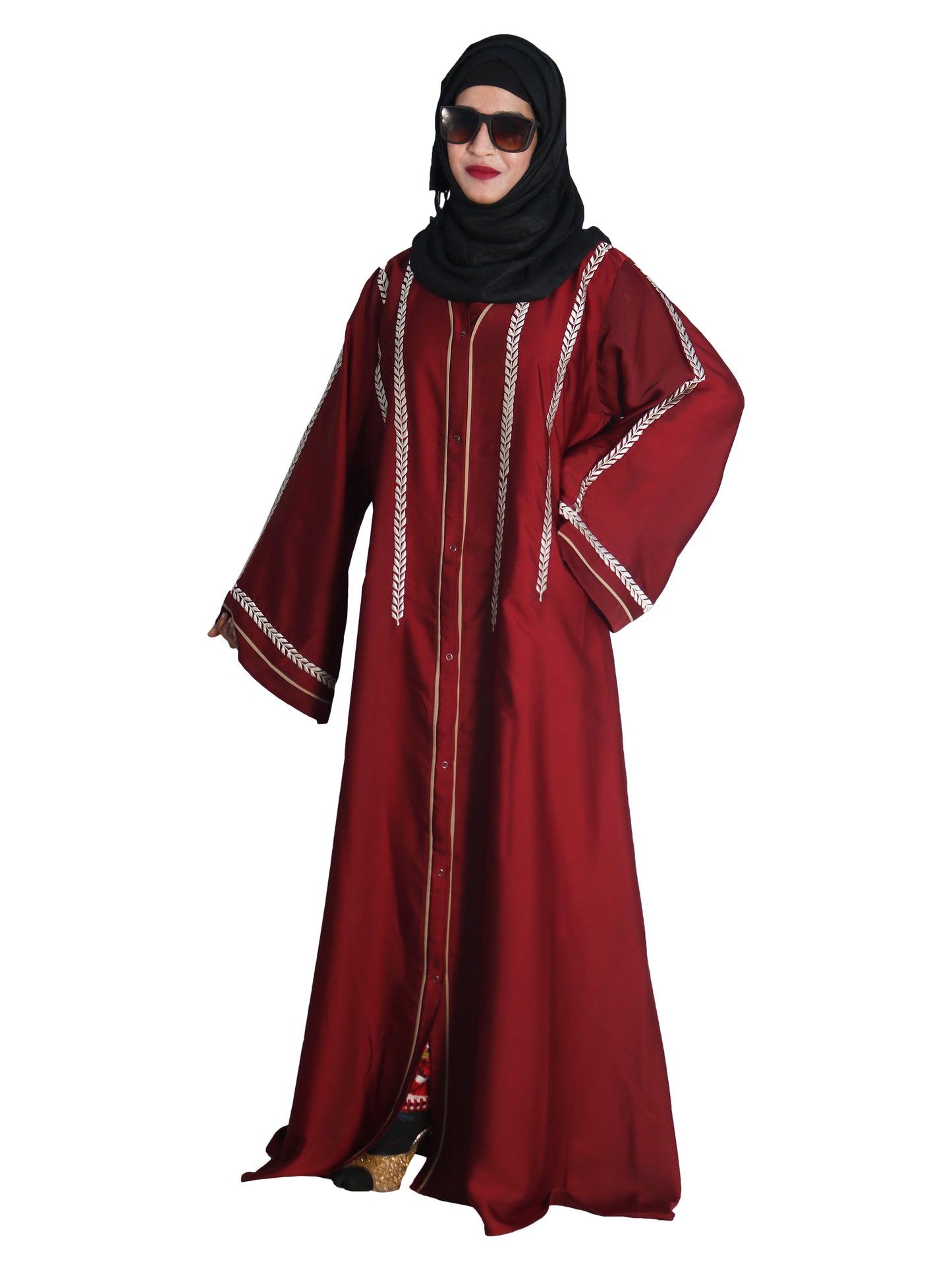 Beautiful Self Design Maroon Front Open Embroidered Art Silk Abaya With Hijab_0613
