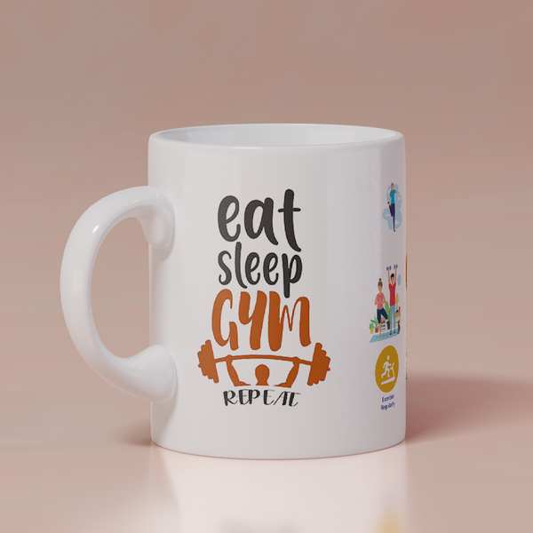 Modest City Beautiful Gym Design Printed White Ceramic Coffee Mug (Eat Sleep Gym Repeat)