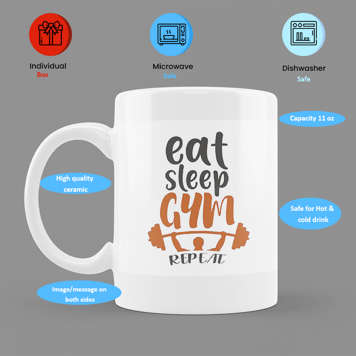 Modest City Beautiful Gym Design Printed White Ceramic Coffee Mug (Eat Sleep Gym Repeat)