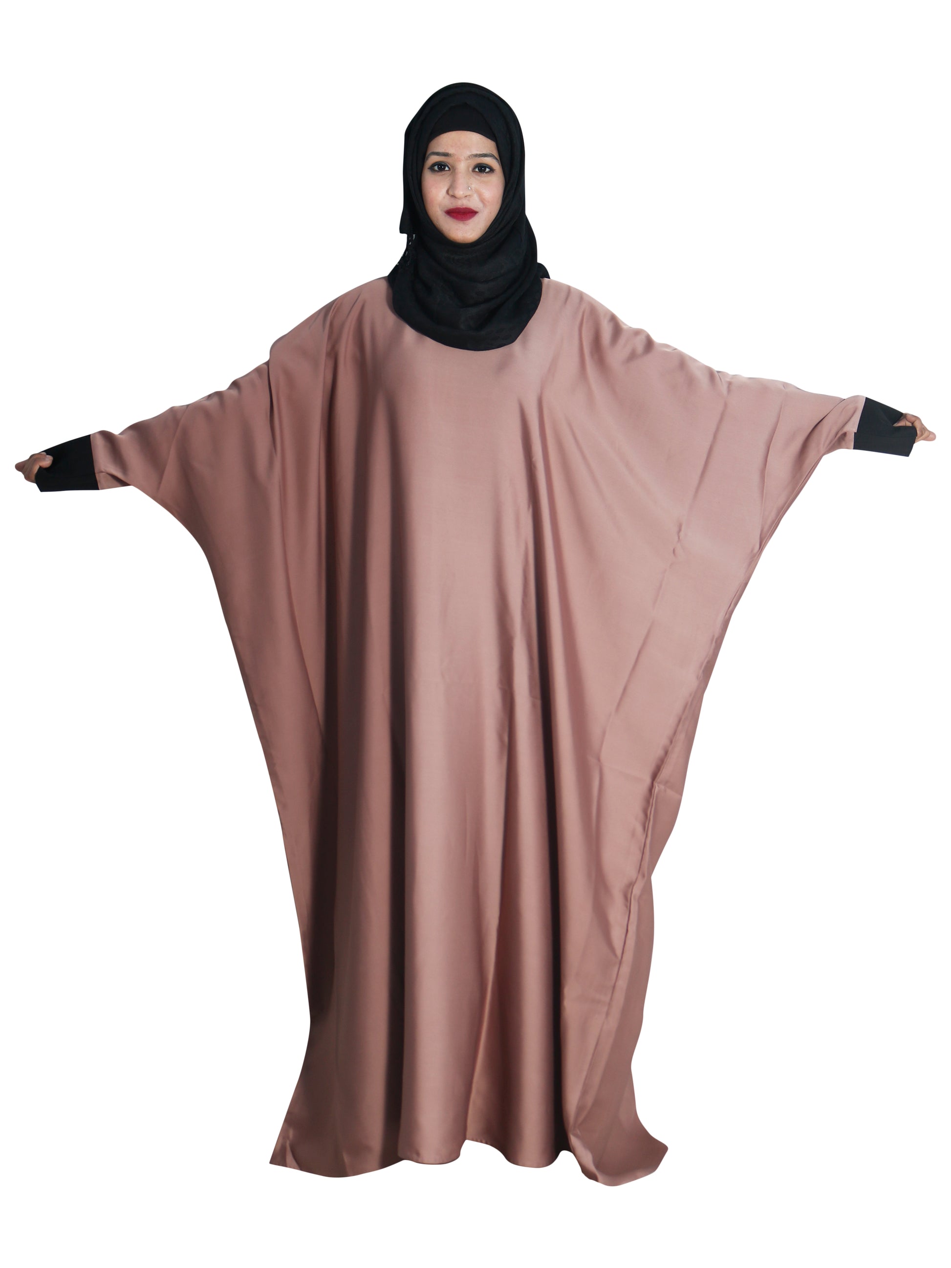 Beautiful Self Design Beige Kaftan Art Silk Abaya With Hijab_0614