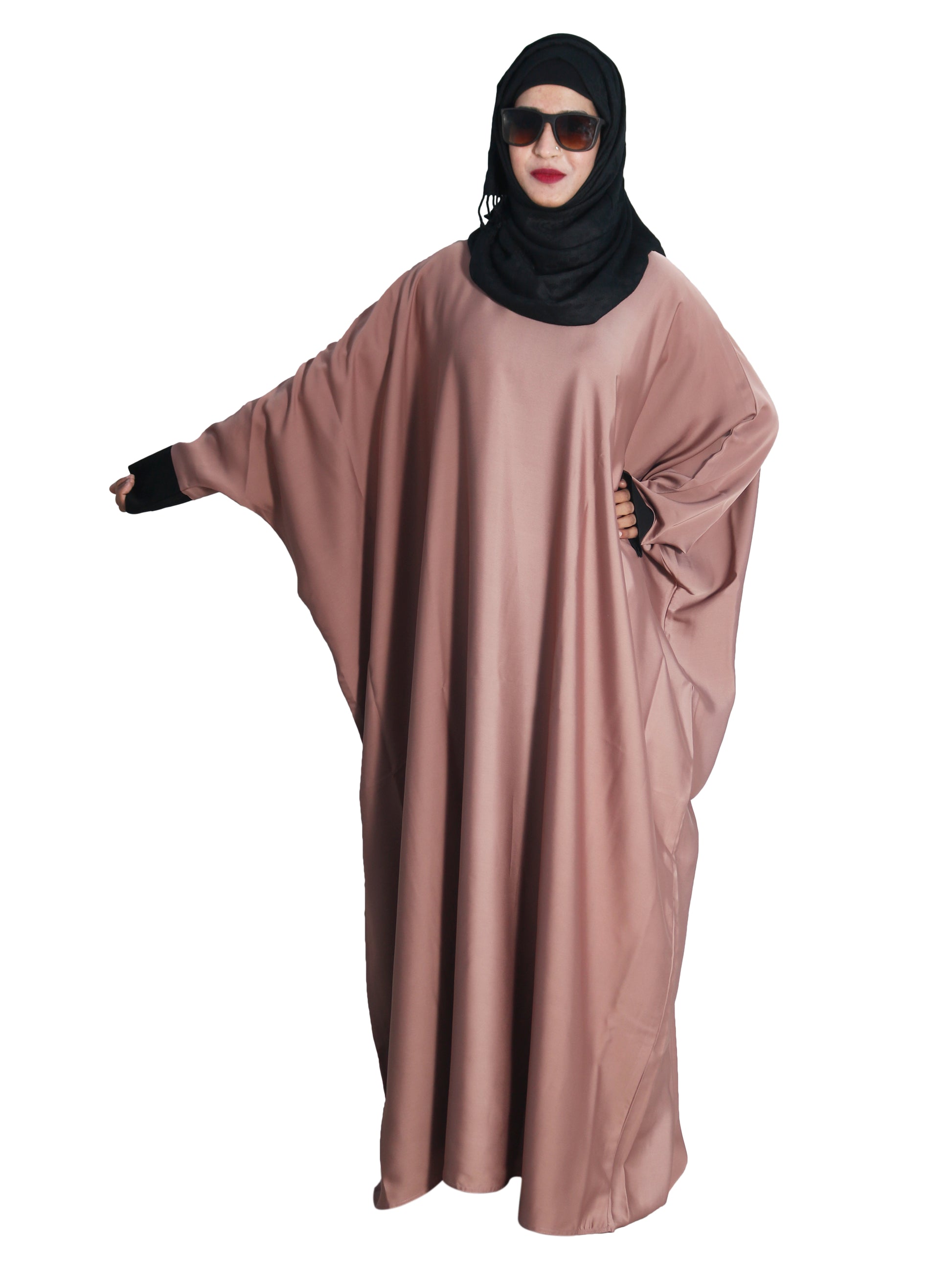 Beautiful Self Design Beige Kaftan Art Silk Abaya With Hijab_0614