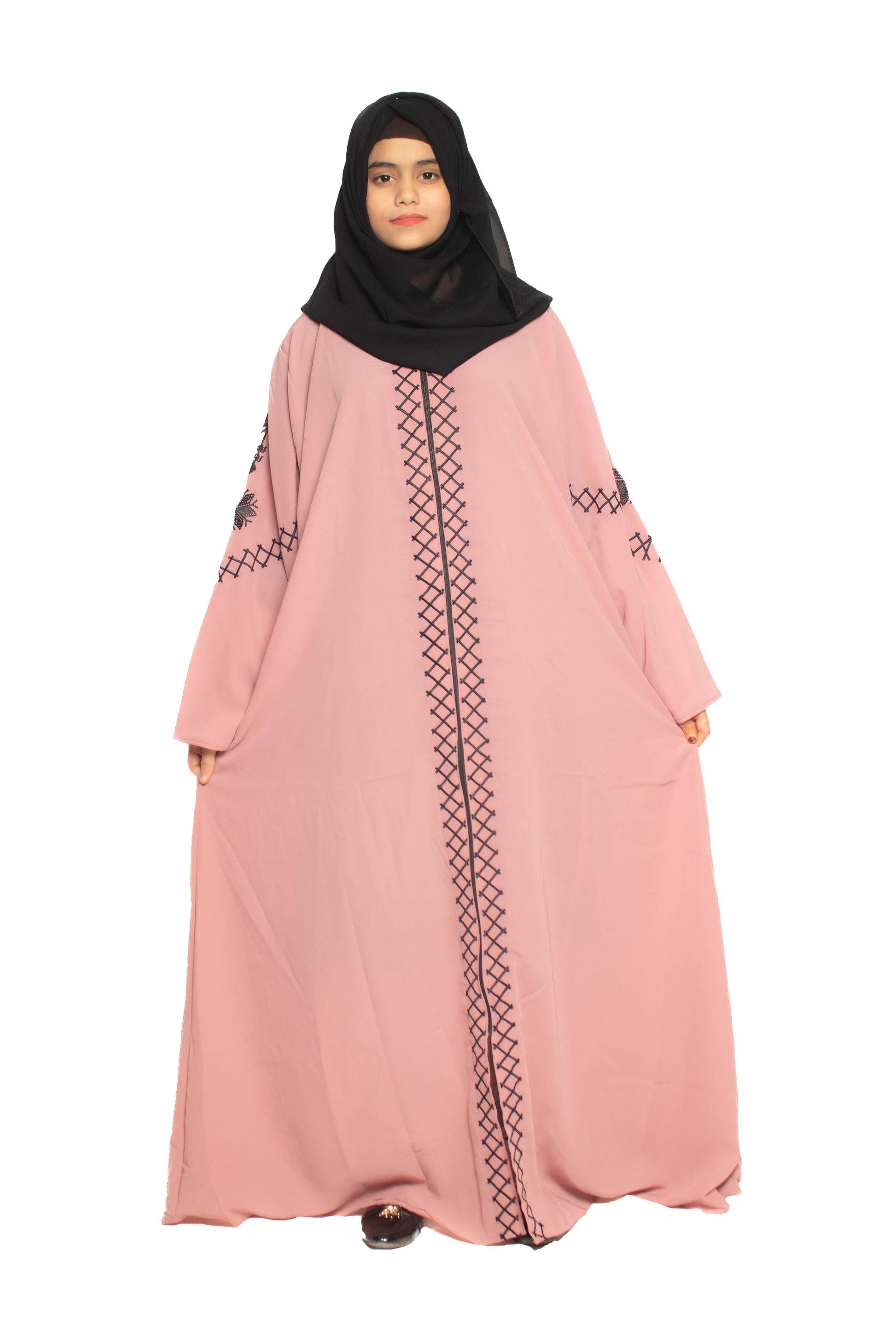 Modest City Self Design Front Open Zip Embroidered Pink Crepe Fabric Abaya or Burqa with Hijab for Women & Girls-Series Laiba