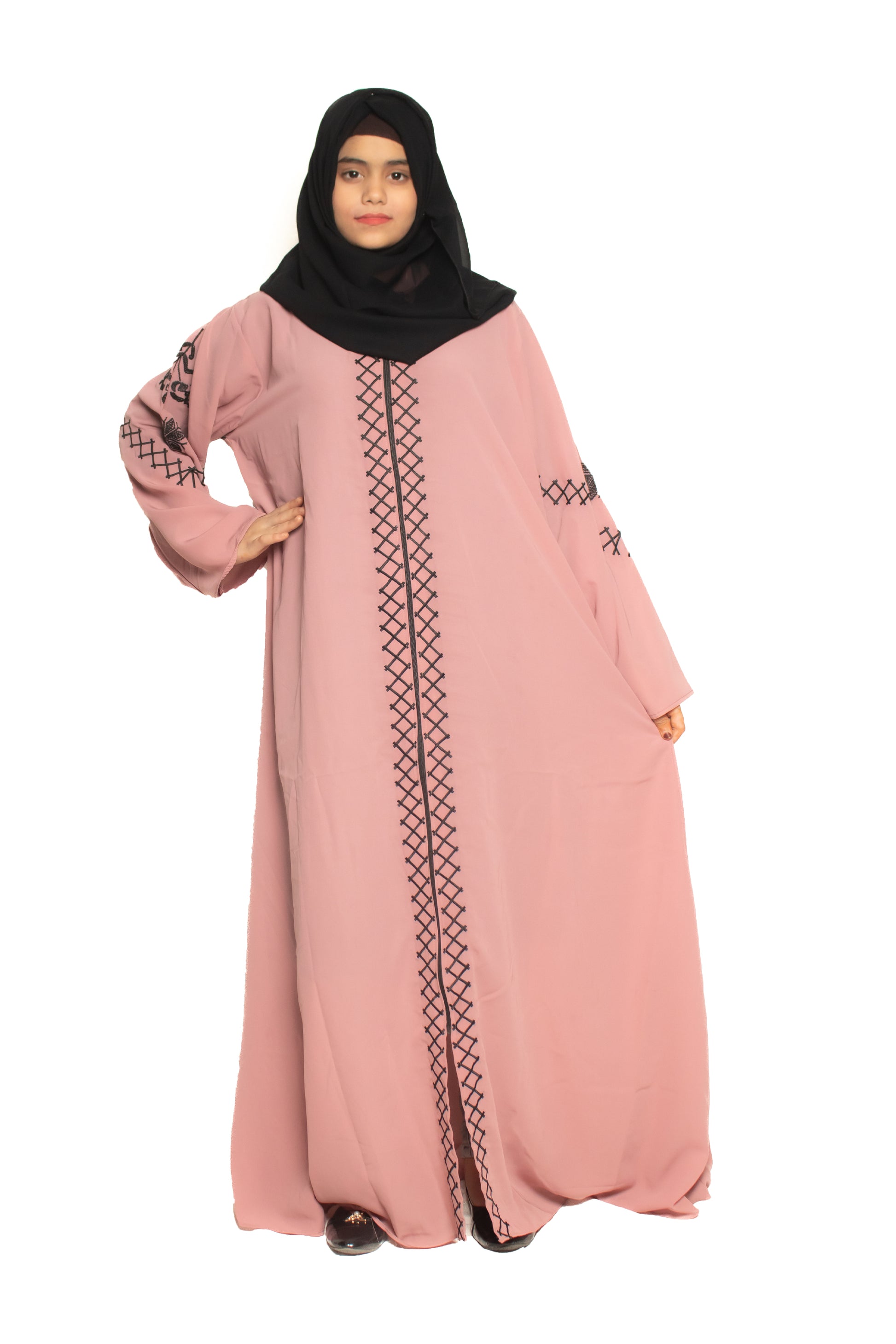Modest City Self Design Front Open Zip Embroidered Pink Crepe Fabric Abaya or Burqa with Hijab for Women & Girls-Series Laiba
