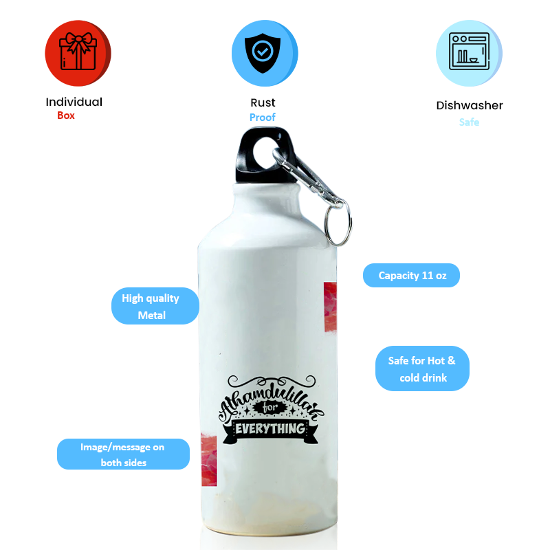 Modest City Beautiful 'Alhamdulillah for Everything' Arabic Quotes Printed Aluminum Sports Water Bottle (600ml) Sipper.
