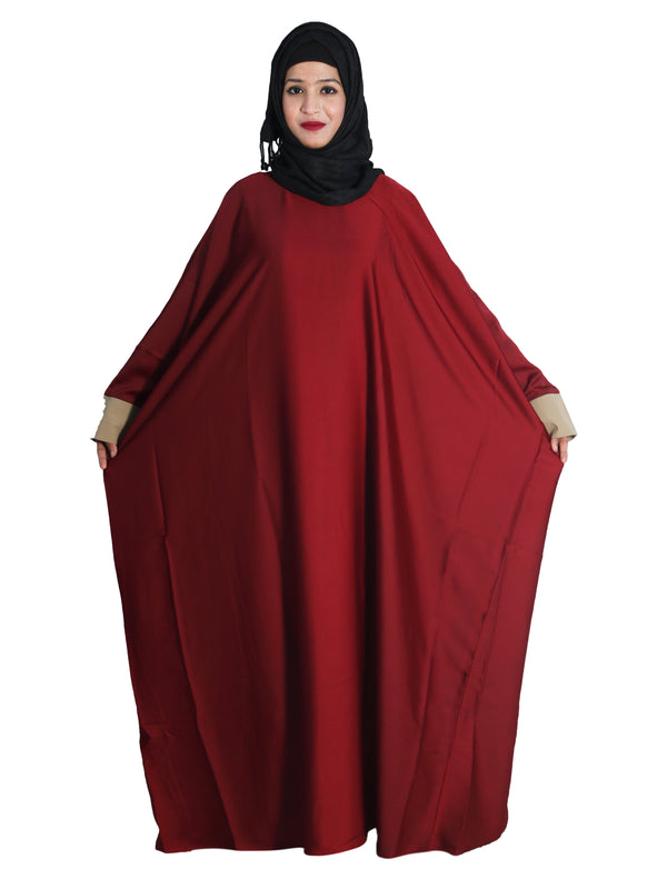 Beautiful Self Design Maroon Kaftan Art Silk Abaya With Hijab_0615