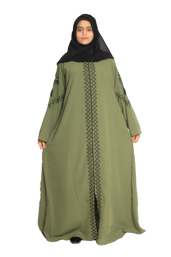 Modest City Self Design Front Open Zip Embroidered Green Crepe Fabric Abaya or Burqa with Hijab for Women & Girls-Series Laiba