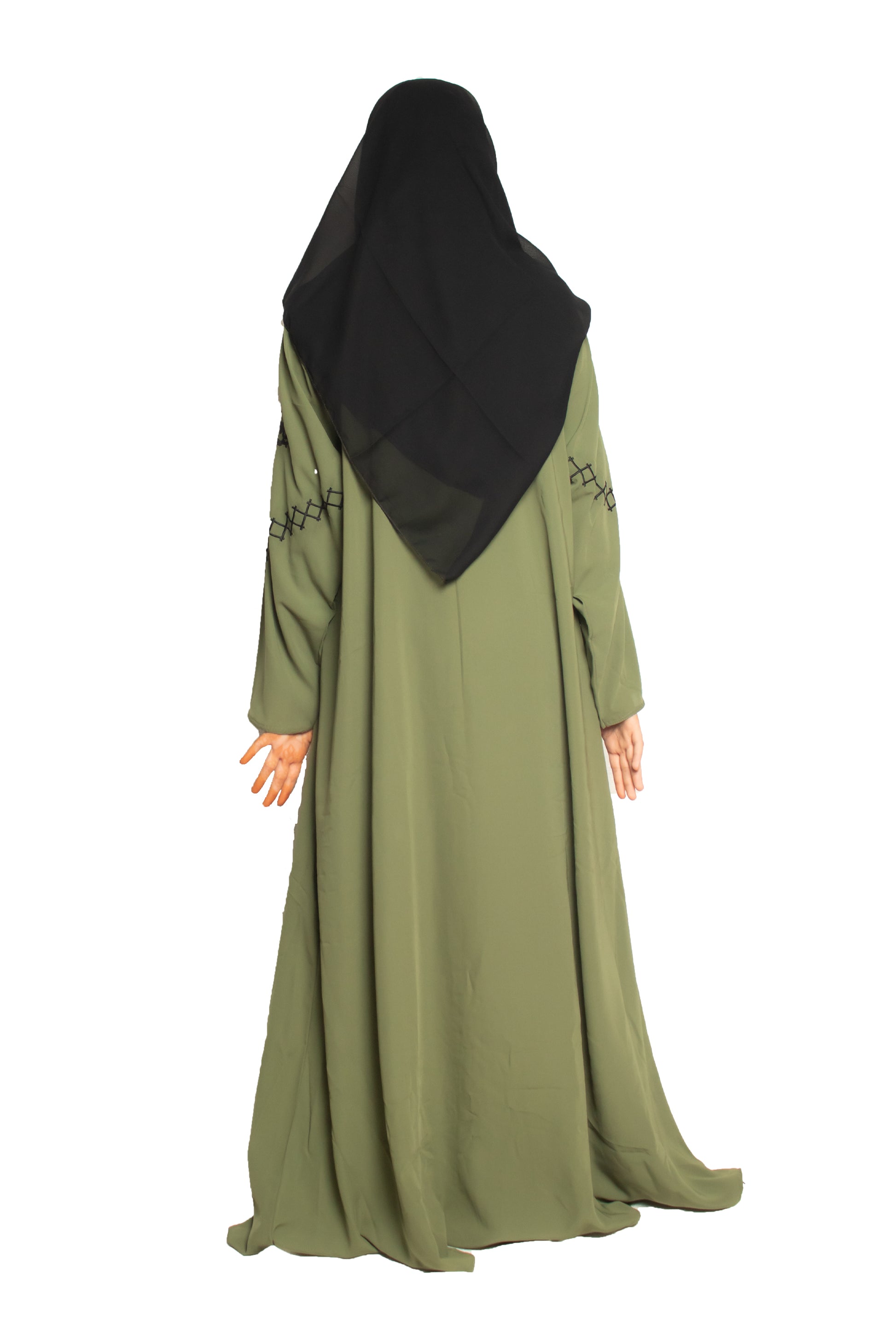 Modest City Self Design Front Open Zip Embroidered Green Crepe Fabric Abaya or Burqa with Hijab for Women & Girls-Series Laiba