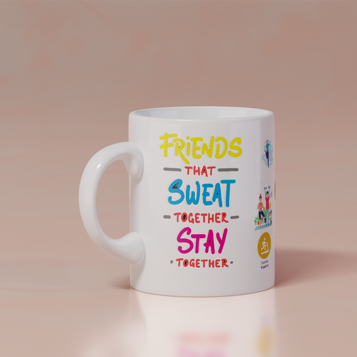 Modest City Beautiful Gym Design Printed White Ceramic Coffee Mug (Friends That Sweat Together Stay Together)