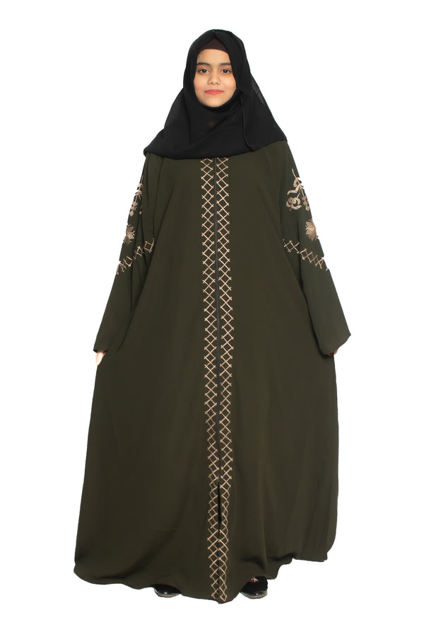 Modest City Self Design Front Open Zip Embroidered Mehandi Crepe Fabric Abaya or Burqa with Hijab for Women & Girls-Series Laiba