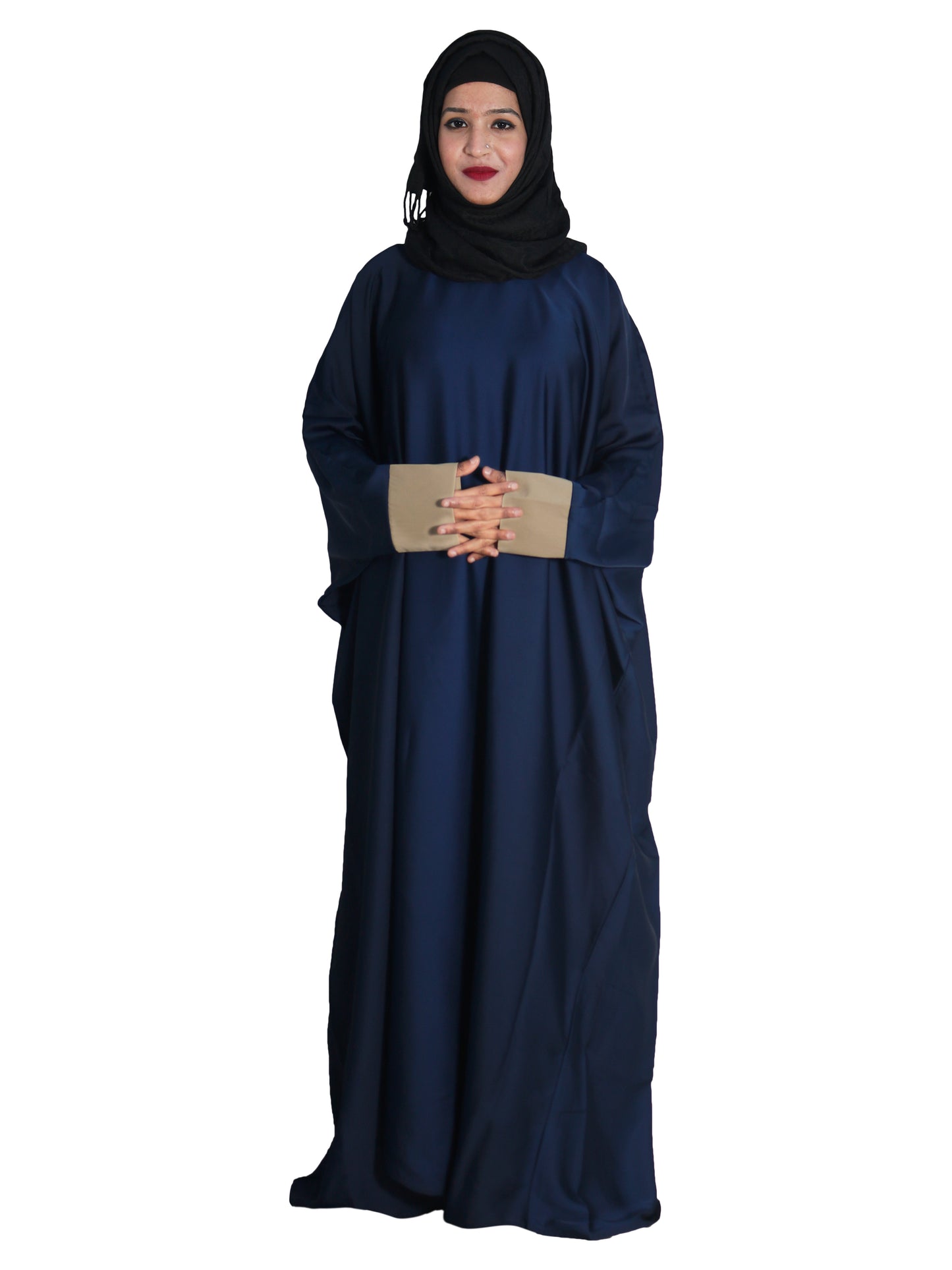 Beautiful Self Design Blue Kaftan Art Silk Abaya With Hijab_0617