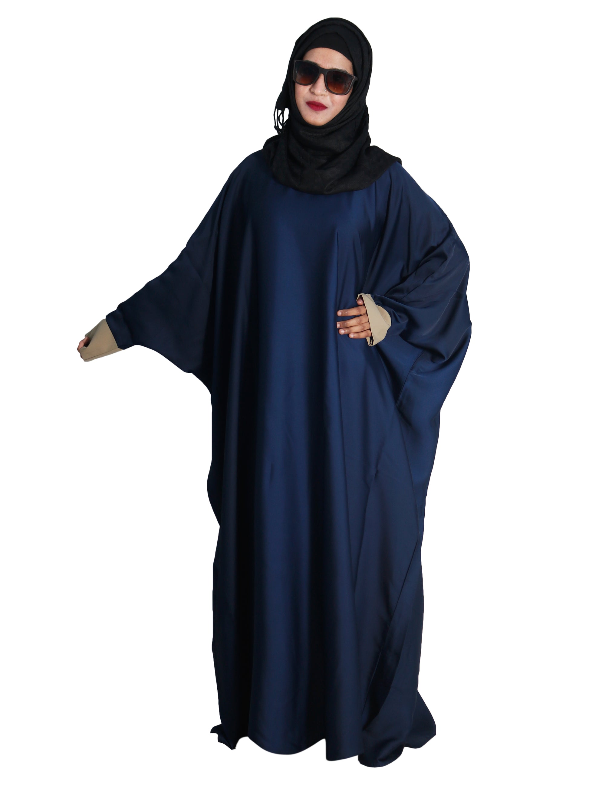 Beautiful Self Design Blue Kaftan Art Silk Abaya With Hijab_0617