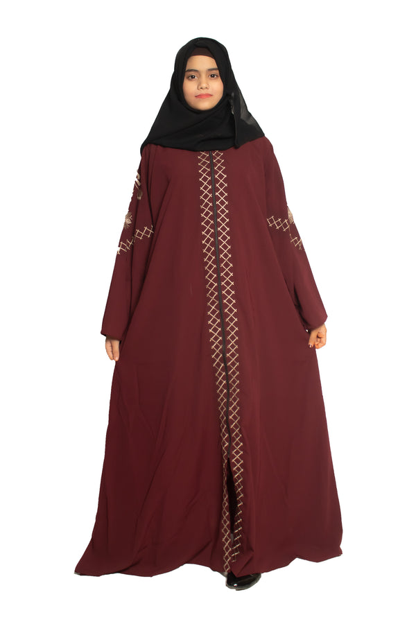 Modest City Self Design Front Open Zip Embroidered Maroon Crepe Fabric Abaya or Burqa with Hijab for Women & Girls-Series Laiba
