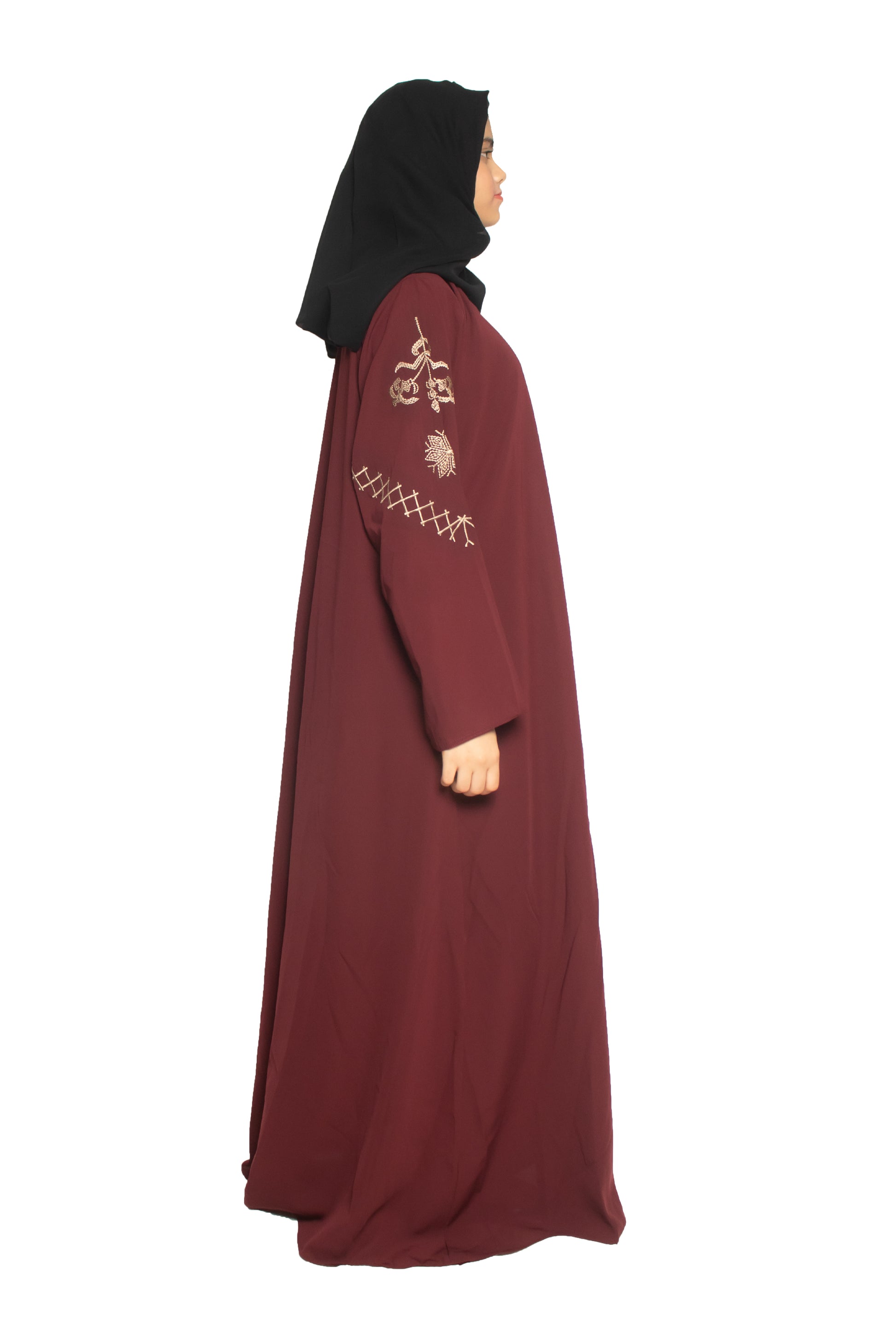 Modest City Self Design Front Open Zip Embroidered Maroon Crepe Fabric Abaya or Burqa with Hijab for Women & Girls-Series Laiba