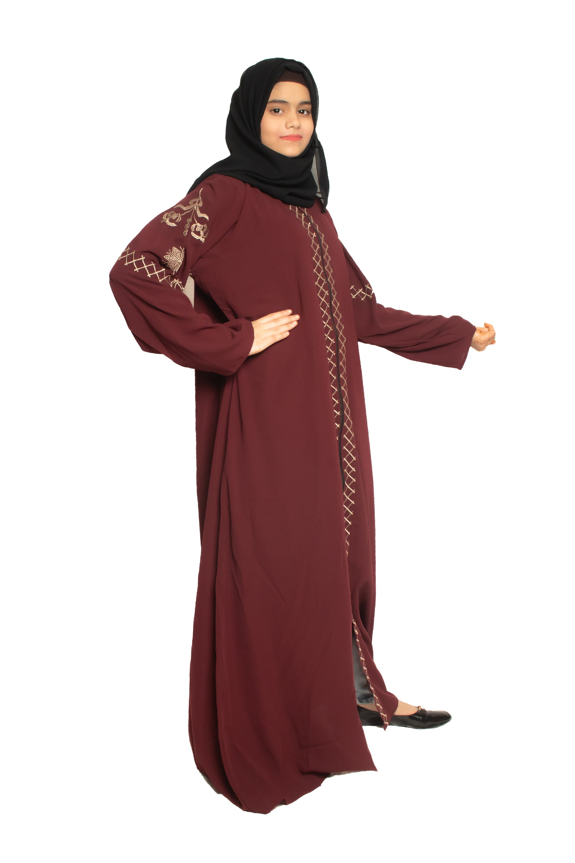 Modest City Self Design Front Open Zip Embroidered Maroon Crepe Fabric Abaya or Burqa with Hijab for Women & Girls-Series Laiba
