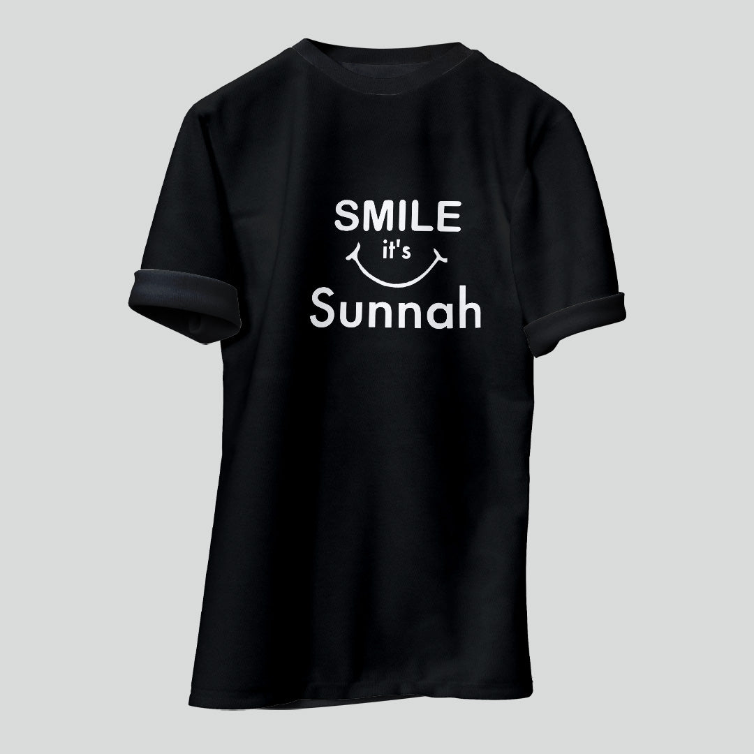 Islamic T-shirt 'Smile it's Sunnah' Printed Self Design Round Neck Half Sleeves Black T-shirt for Men (BK018)