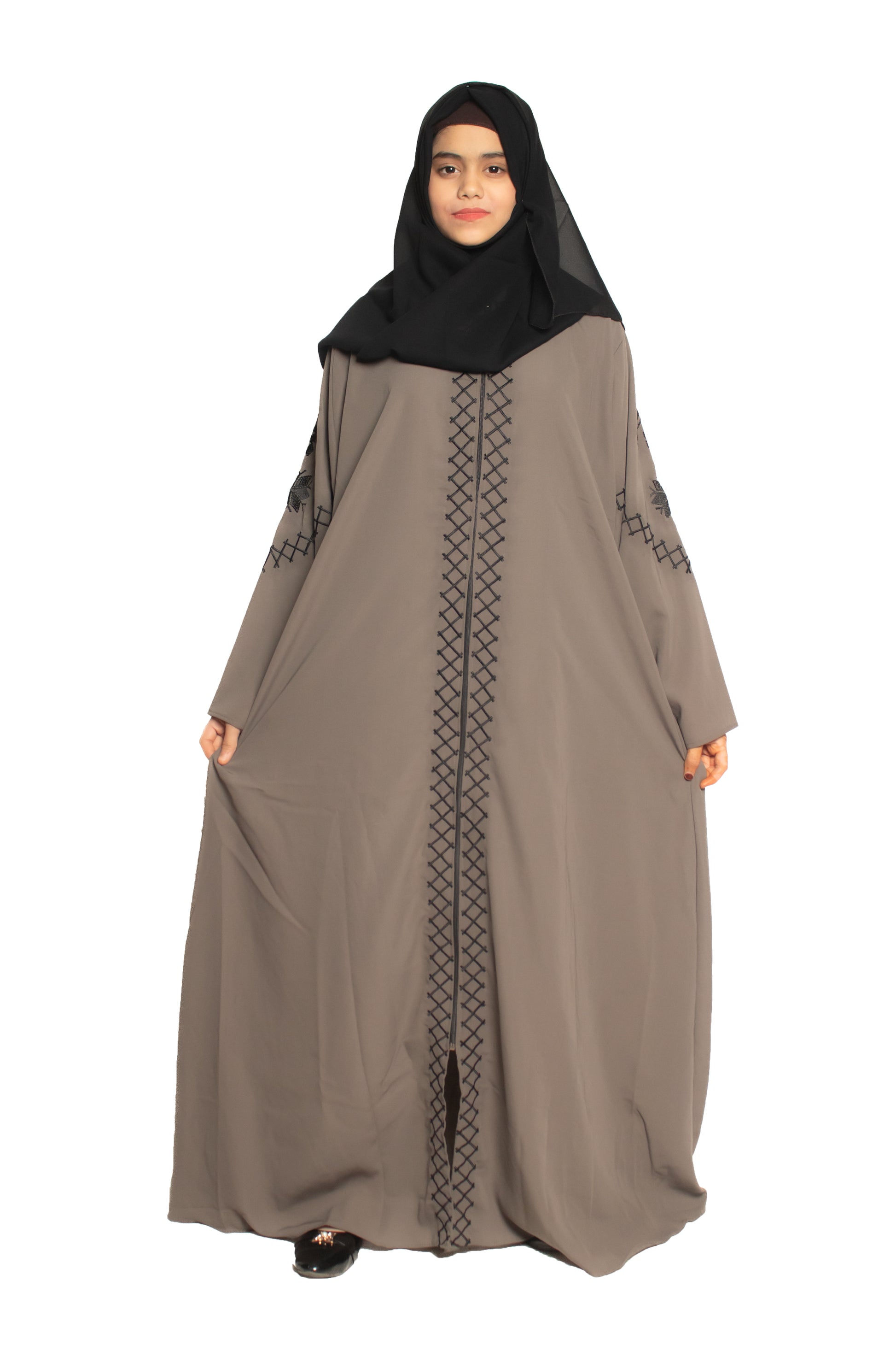 Modest City Self Design Front Open Zip Embroidered Grey Crepe Fabric Abaya or Burqa with Hijab for Women & Girls-Series Laiba