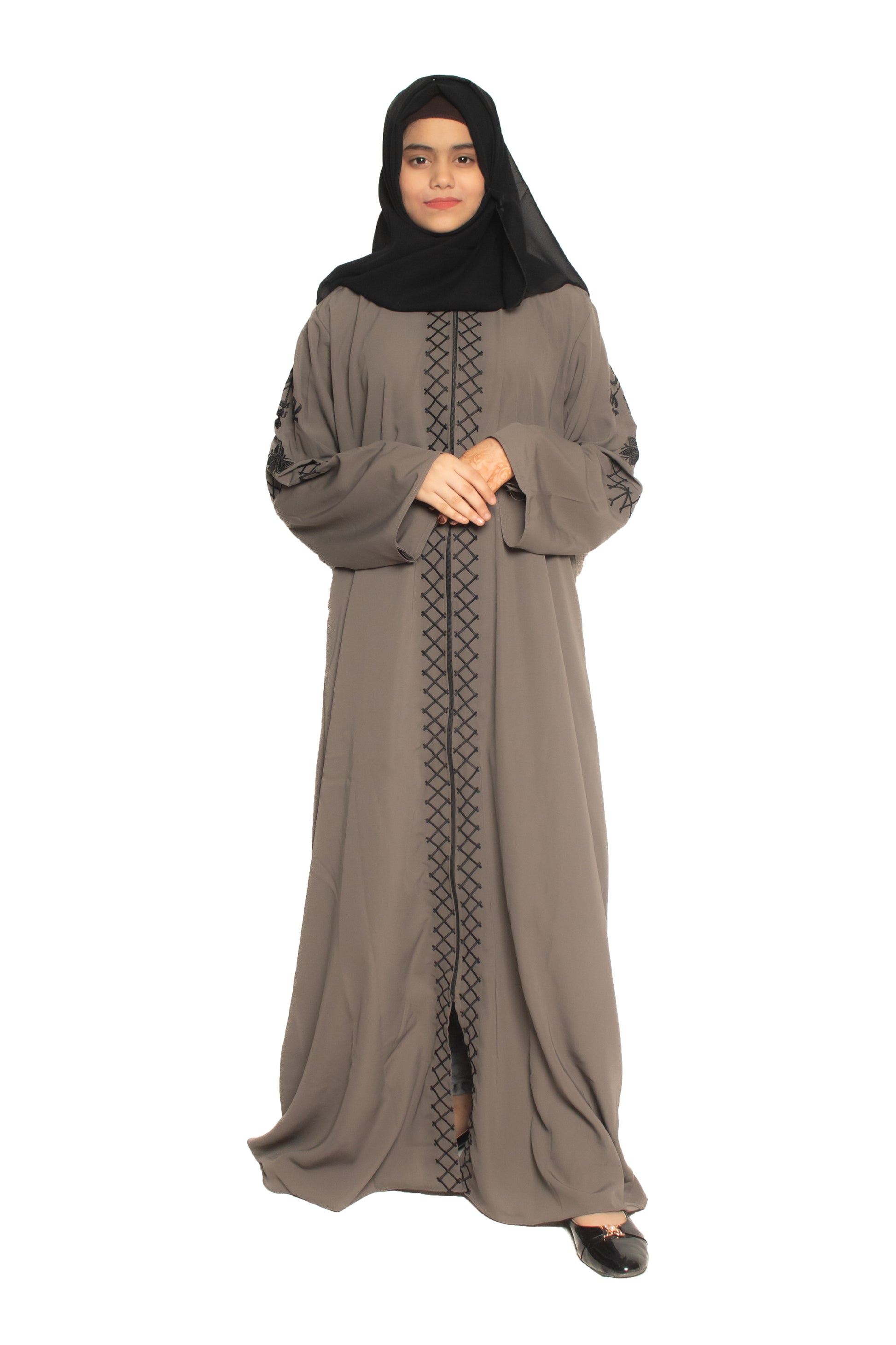 Modest City Self Design Front Open Zip Embroidered Grey Crepe Fabric Abaya or Burqa with Hijab for Women & Girls-Series Laiba