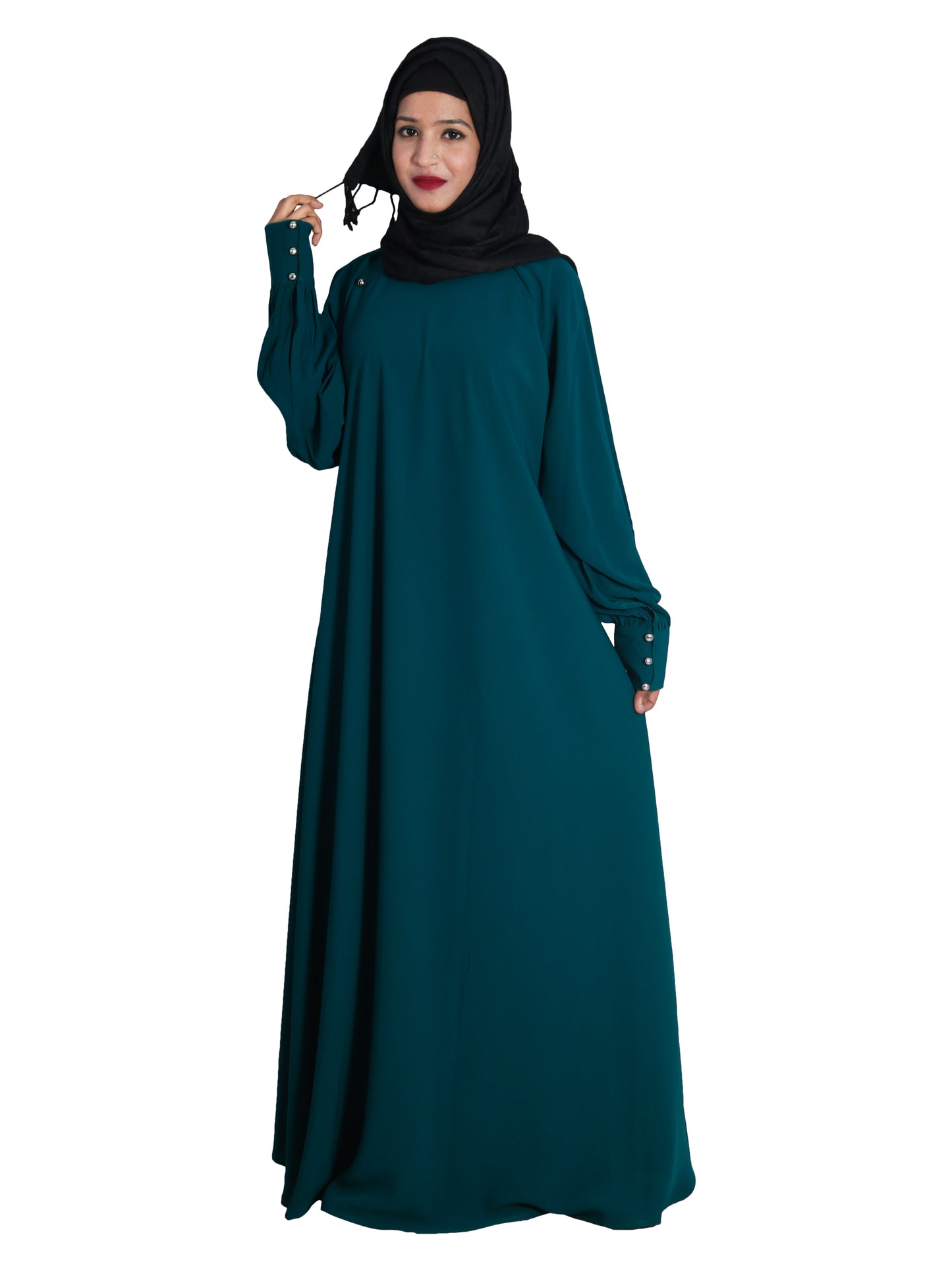 Beautiful Self Design Rama Green Aline Crepe Abaya Without Hijab_0619