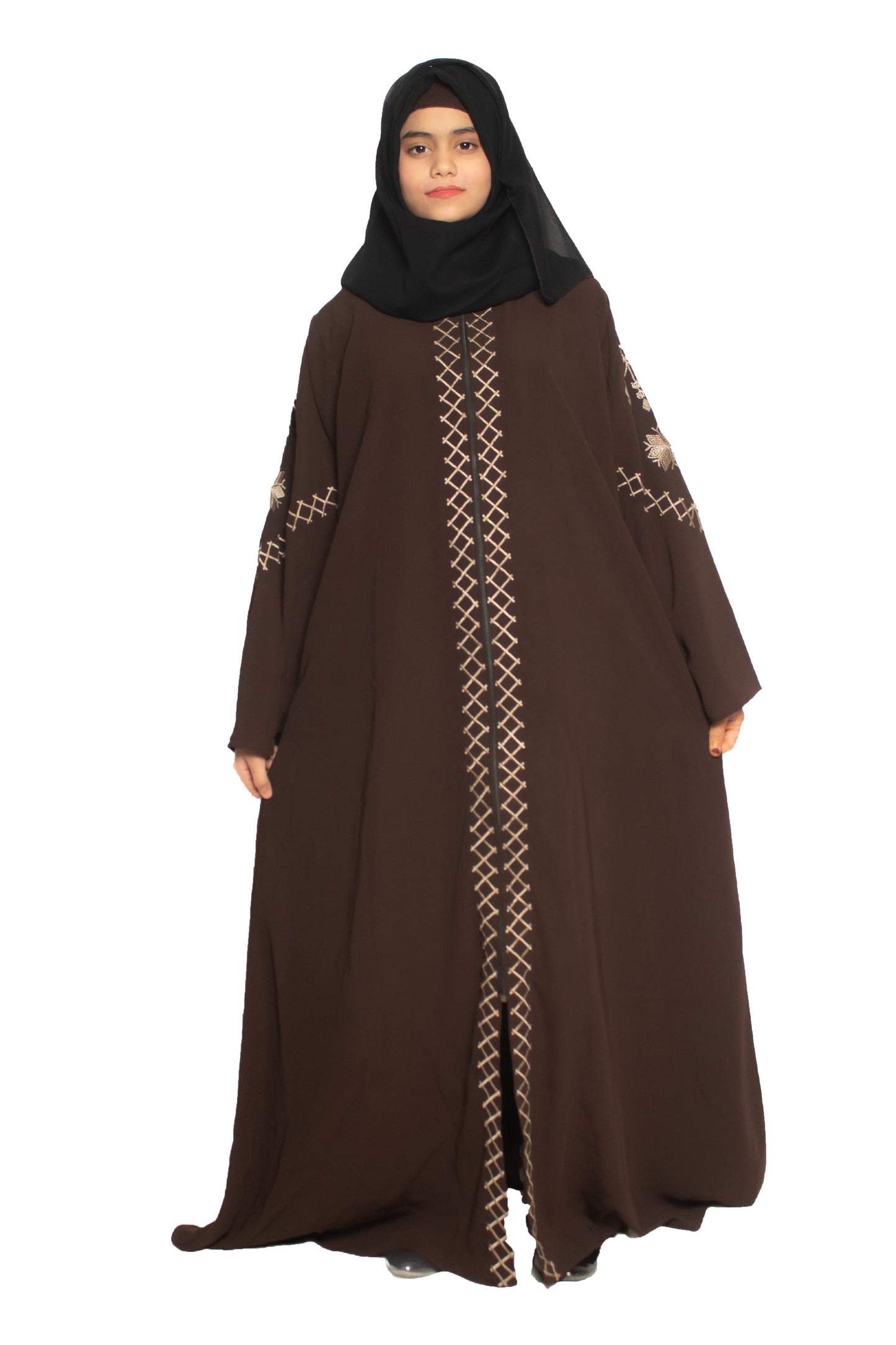 Modest City Self Design Front Open Zip Embroidered Brown Crepe Fabric Abaya or Burqa with Hijab for Women & Girls-Series Laiba