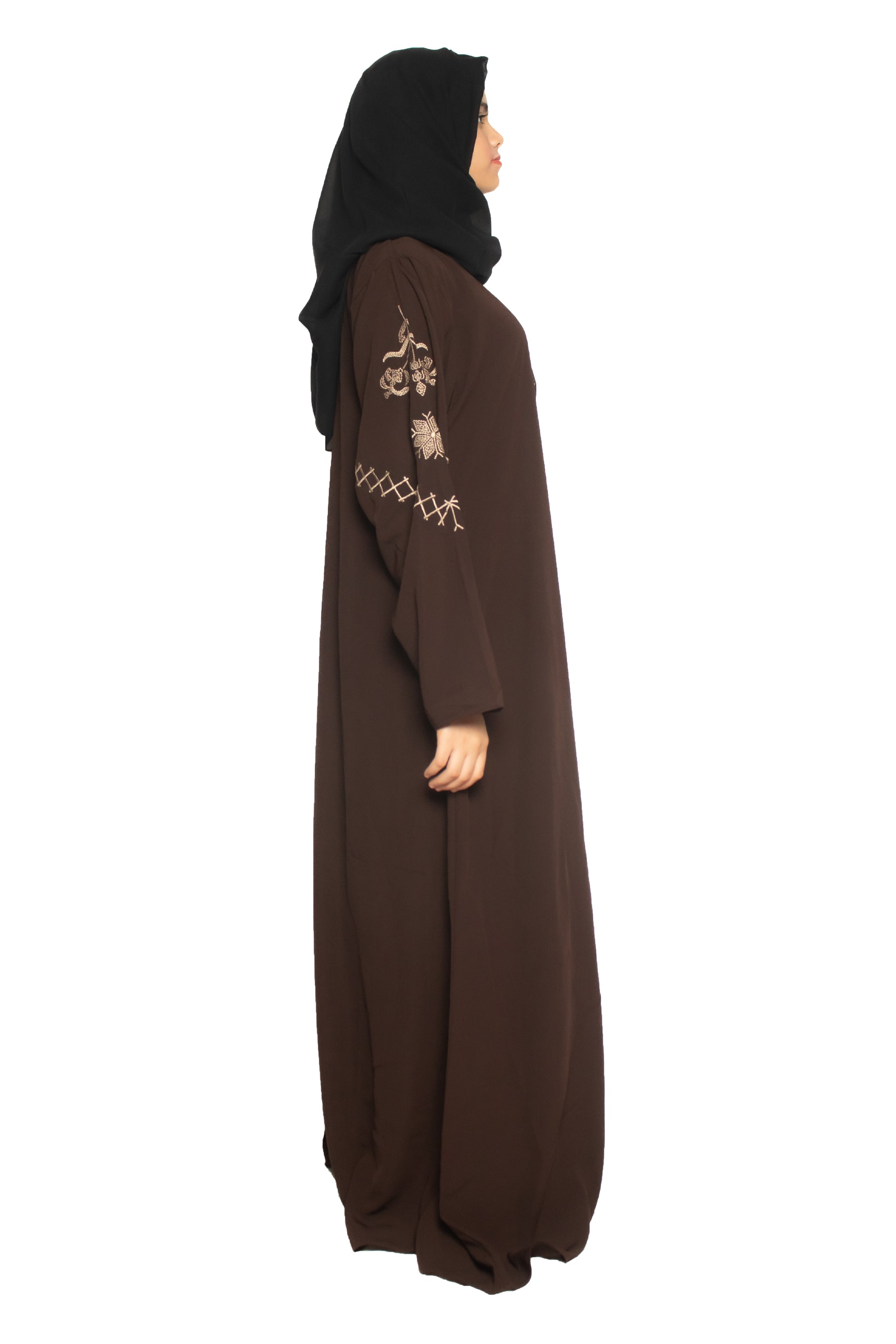 Modest City Self Design Front Open Zip Embroidered Brown Crepe Fabric Abaya or Burqa with Hijab for Women & Girls-Series Laiba