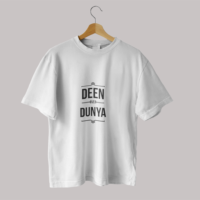 Islamic T-shirt 'Deen Over Dunya' Printed Self Design Round Neck Half Sleeves White T-shirt for Women (017)