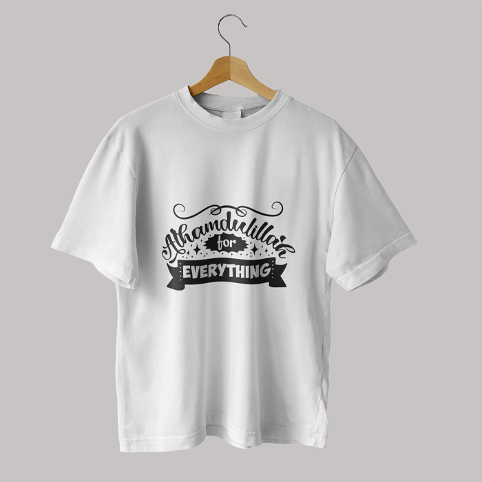 Islamic T-shirt 'Alhamdulillah For Everything' Printed Self Design Round Neck Half Sleeves White T-shirt for Women