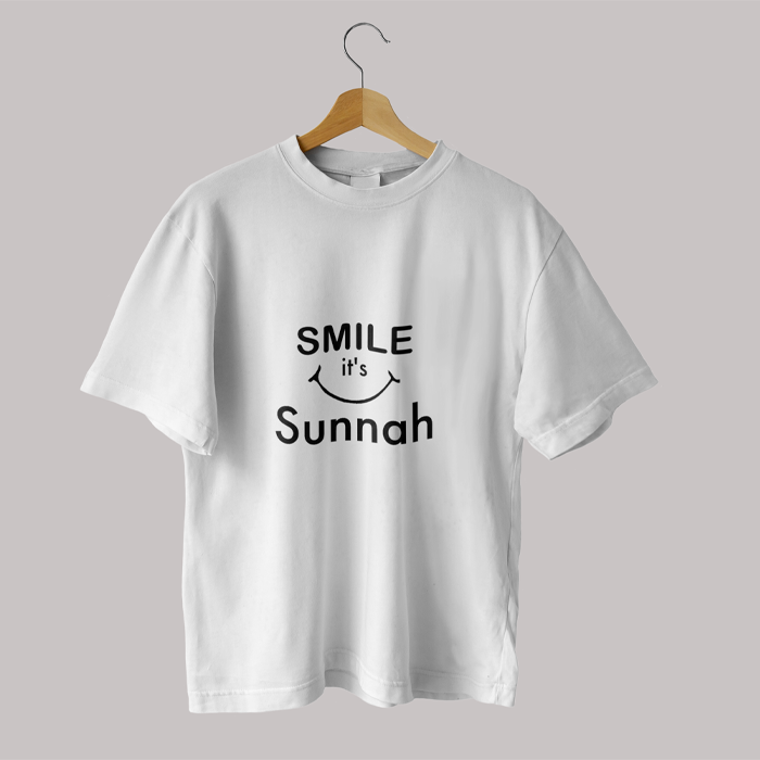 Products Islamic T-shirt 'Smile it's Sunnah' Printed Self Design Round Neck Half Sleeves White T-shirt for Women