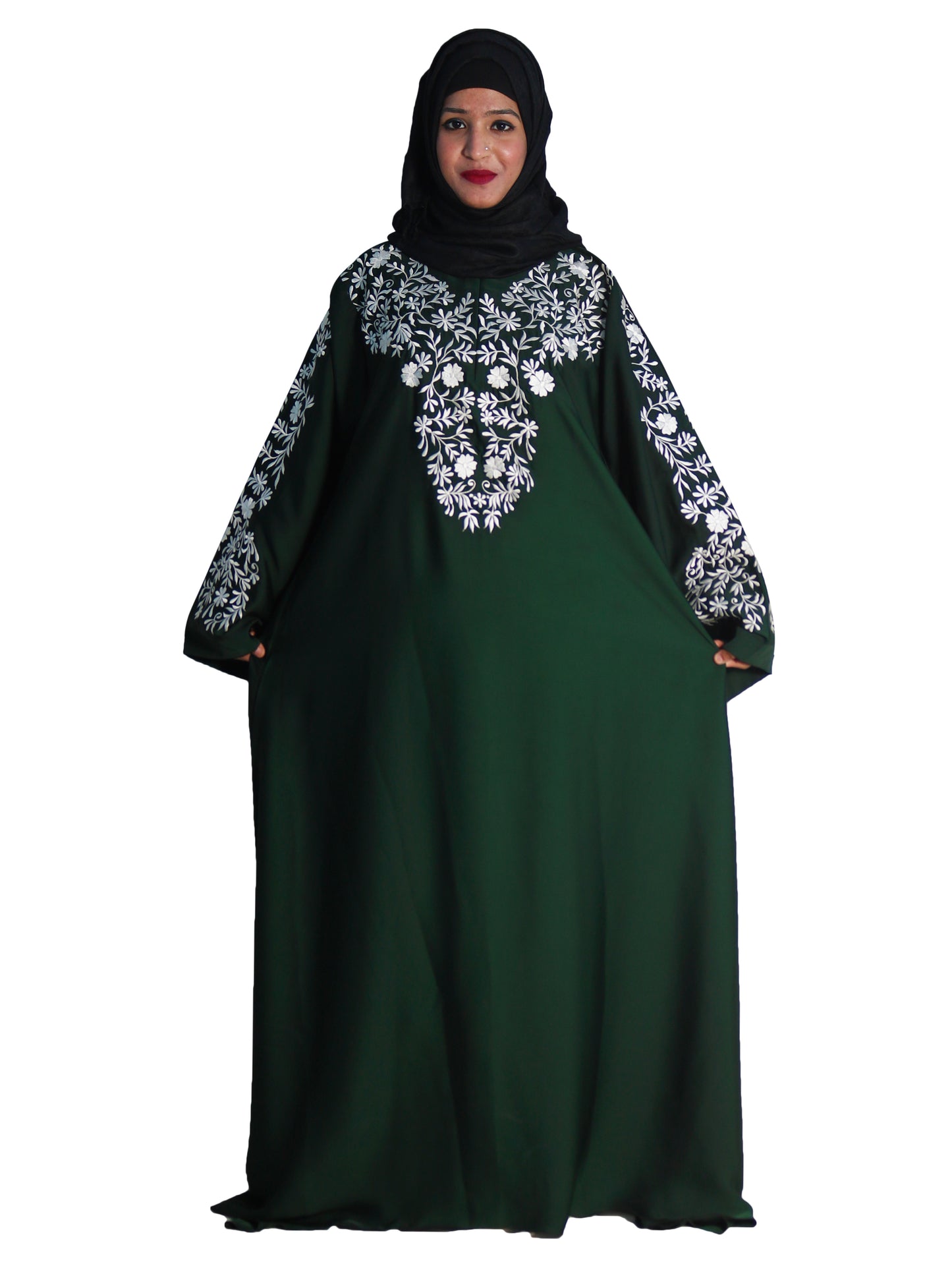 Beautiful Self Design Green Embroidered Art Silk Abaya With Hijab_0602