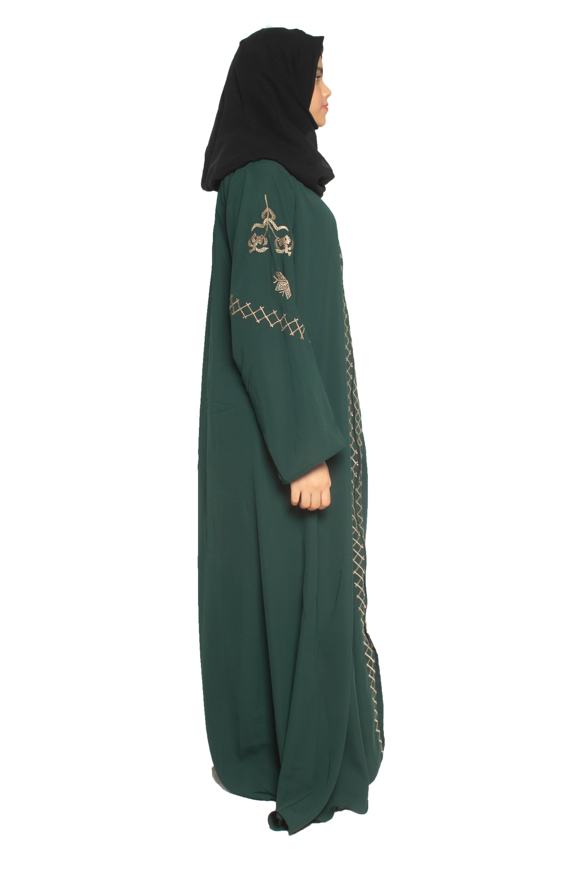 Modest City Self Design Front Open Zip Embroidered Bottle Green Crepe Fabric Abaya or Burqa with Hijab for Women & Girls-Series Laiba