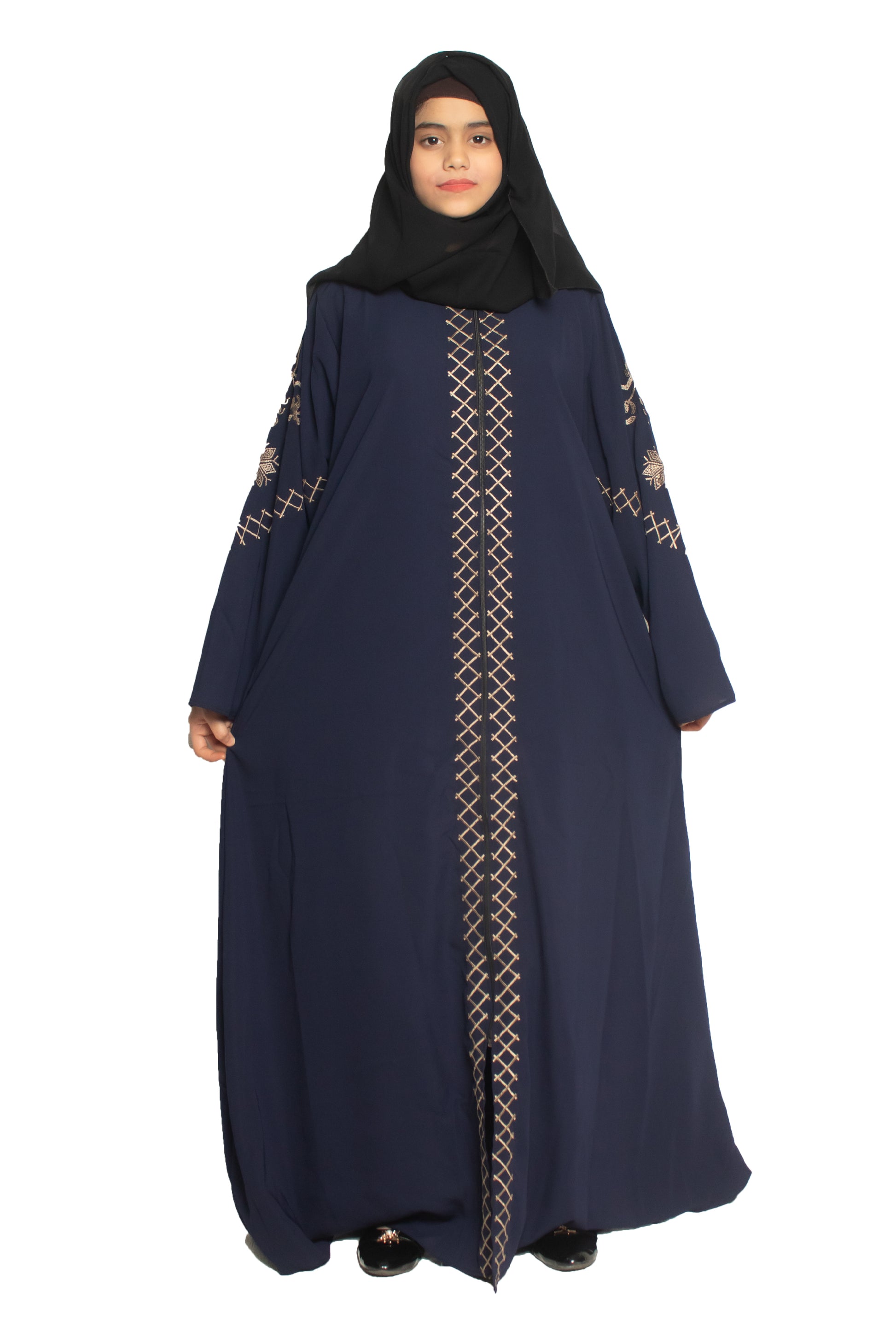 Modest City Self Design Front Open Zip Embroidered Blue Crepe Fabric Abaya or Burqa with Hijab for Women & Girls-Series Laiba