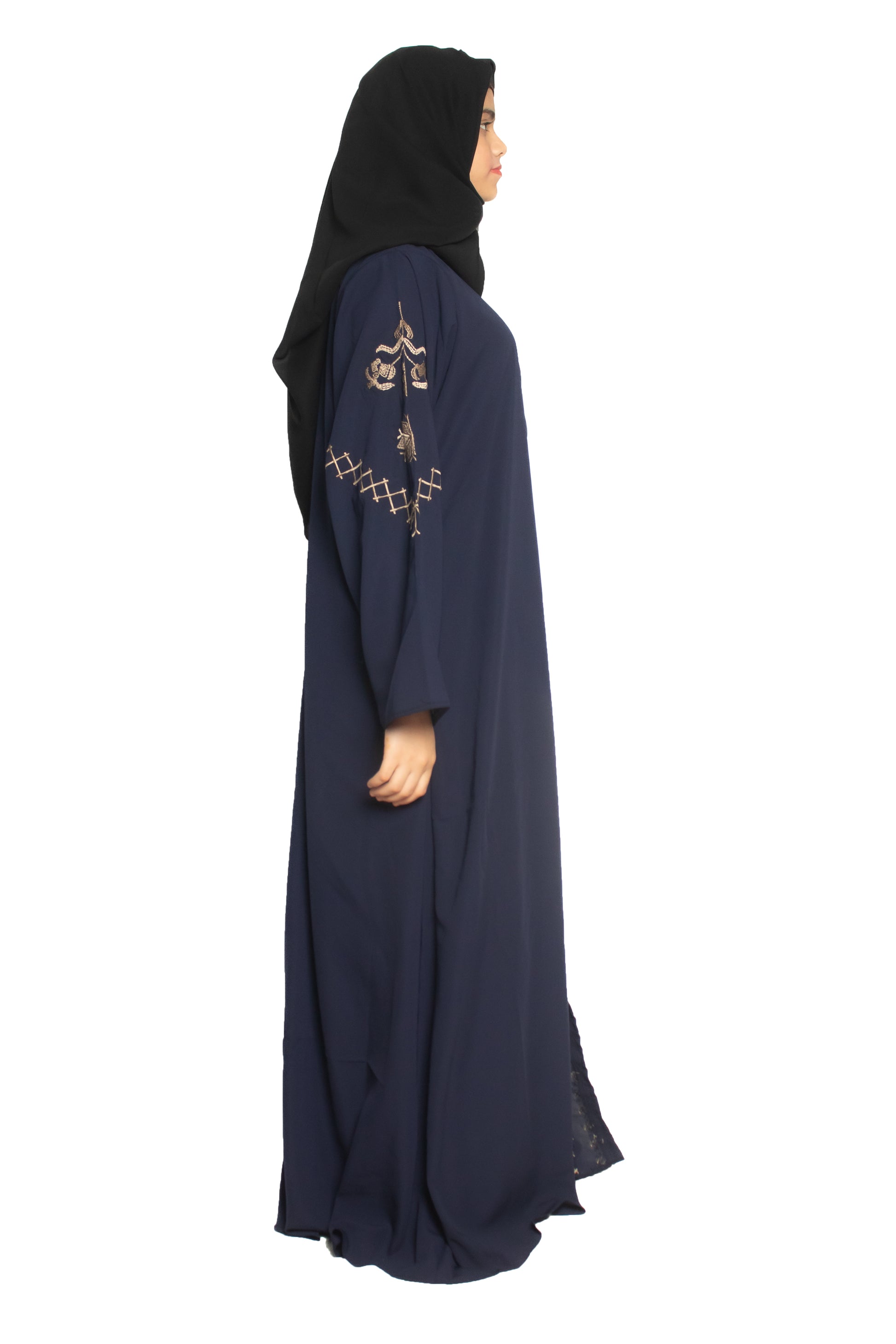 Modest City Self Design Front Open Zip Embroidered Blue Crepe Fabric Abaya or Burqa with Hijab for Women & Girls-Series Laiba