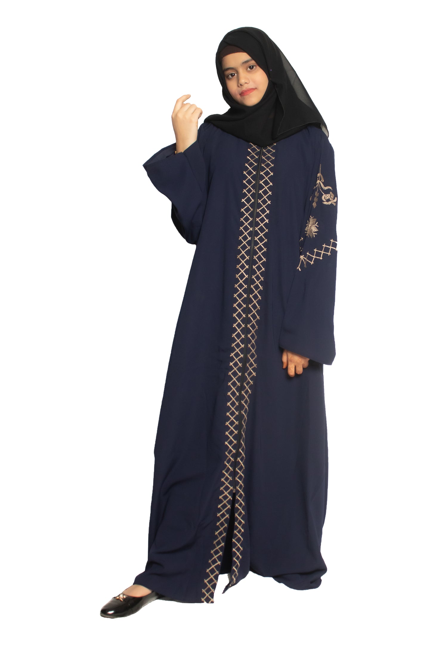 Modest City Self Design Front Open Zip Embroidered Blue Crepe Fabric Abaya or Burqa with Hijab for Women & Girls-Series Laiba