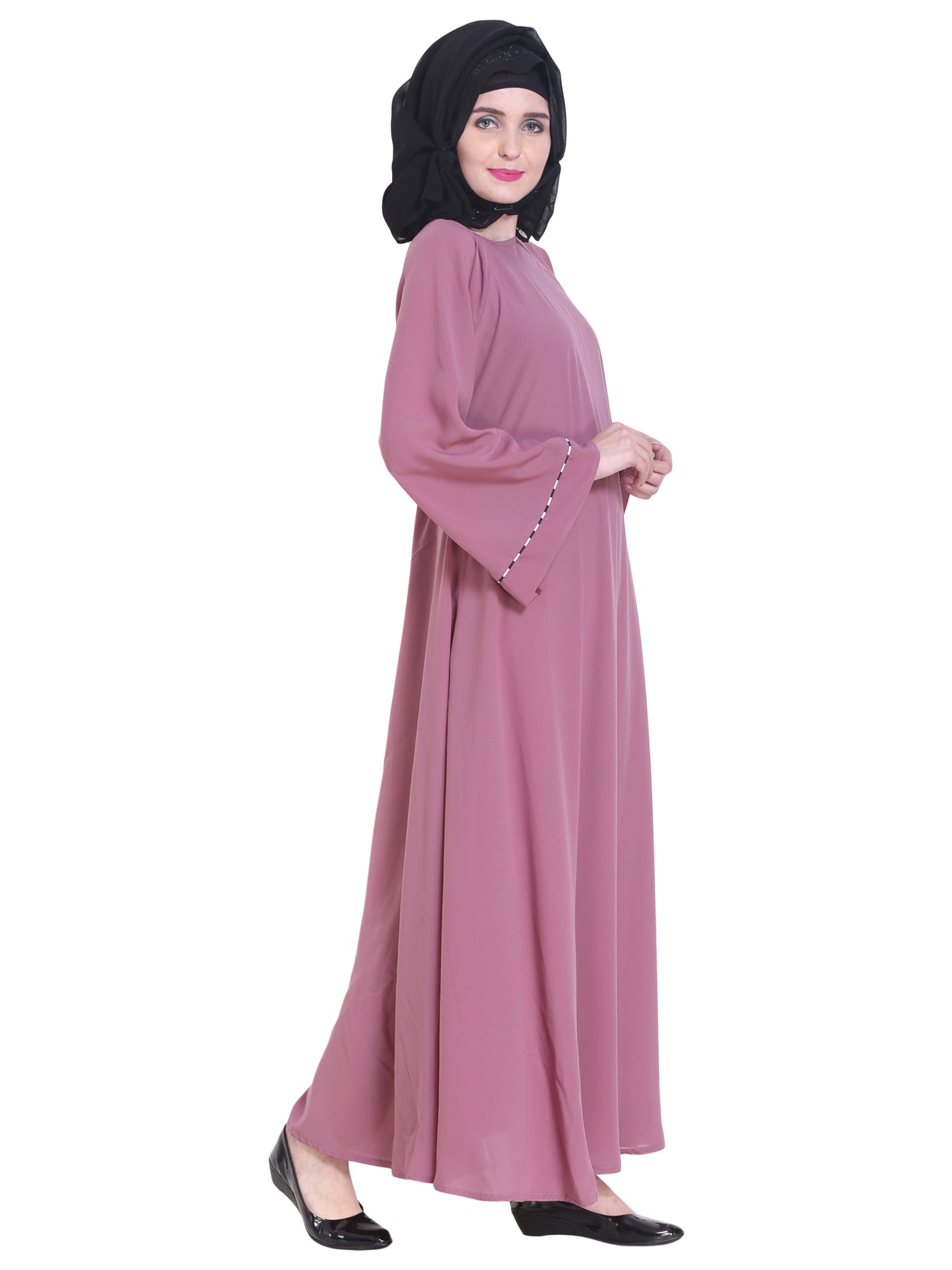 Modest City Beautiful Self Design Side Zip Pink Crepe Abaya Without Hijab_0225