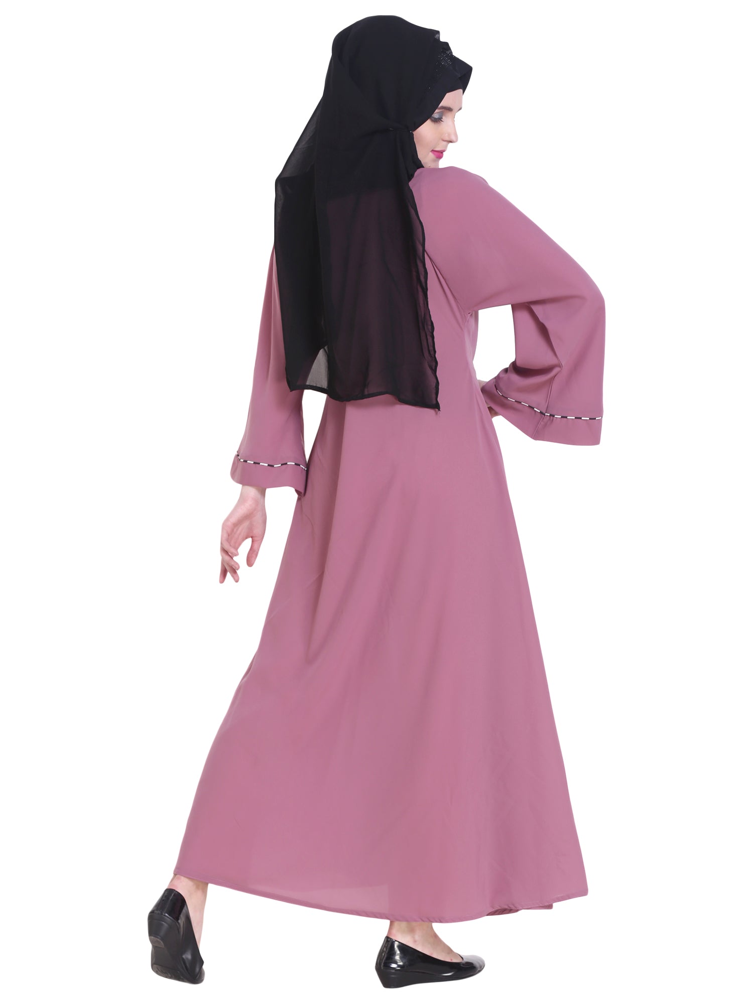 Modest City Beautiful Self Design Side Zip Pink Crepe Abaya Without Hijab_0225