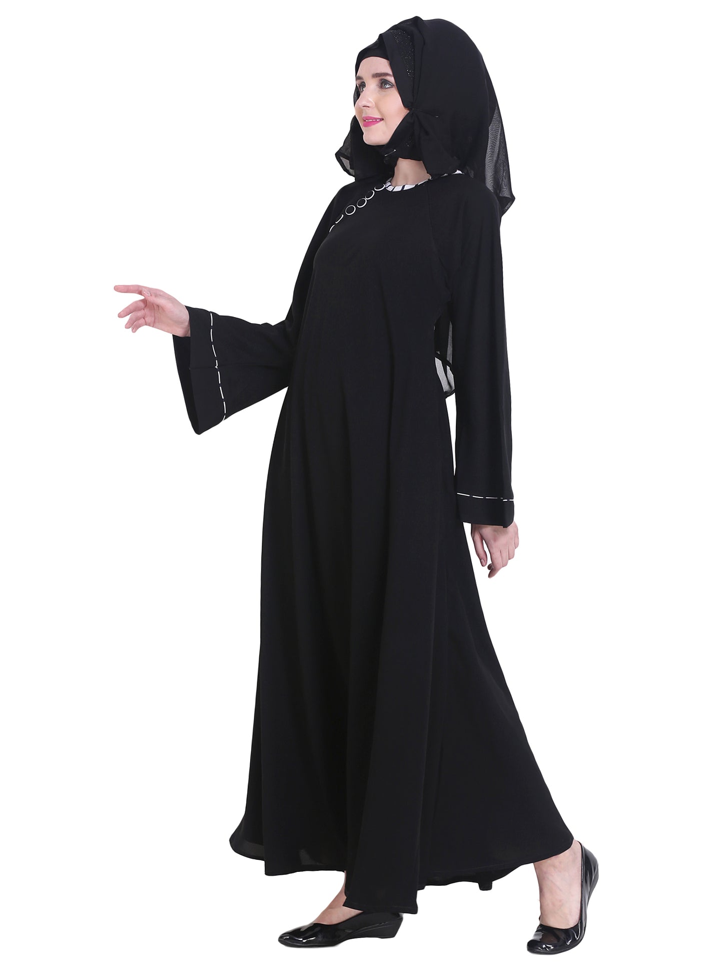 Modest City Beautiful Self Design Side Button Black Crepe Abaya Without Hijab_0226