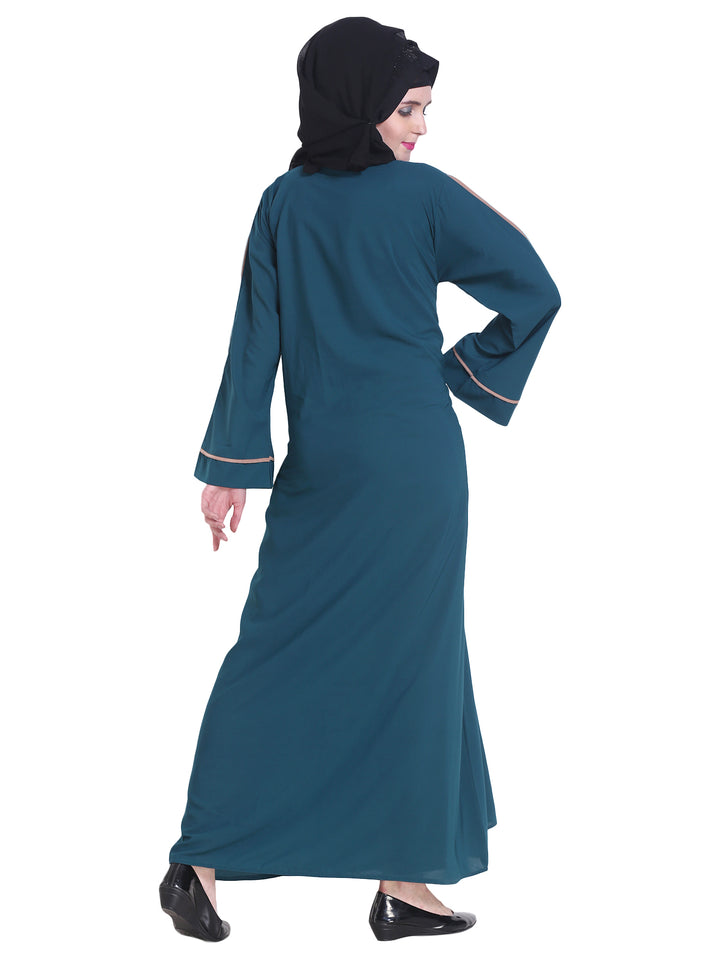 Modest City Beautiful Self Design Blue Front Button Crepe Abaya Without Hijab_0229