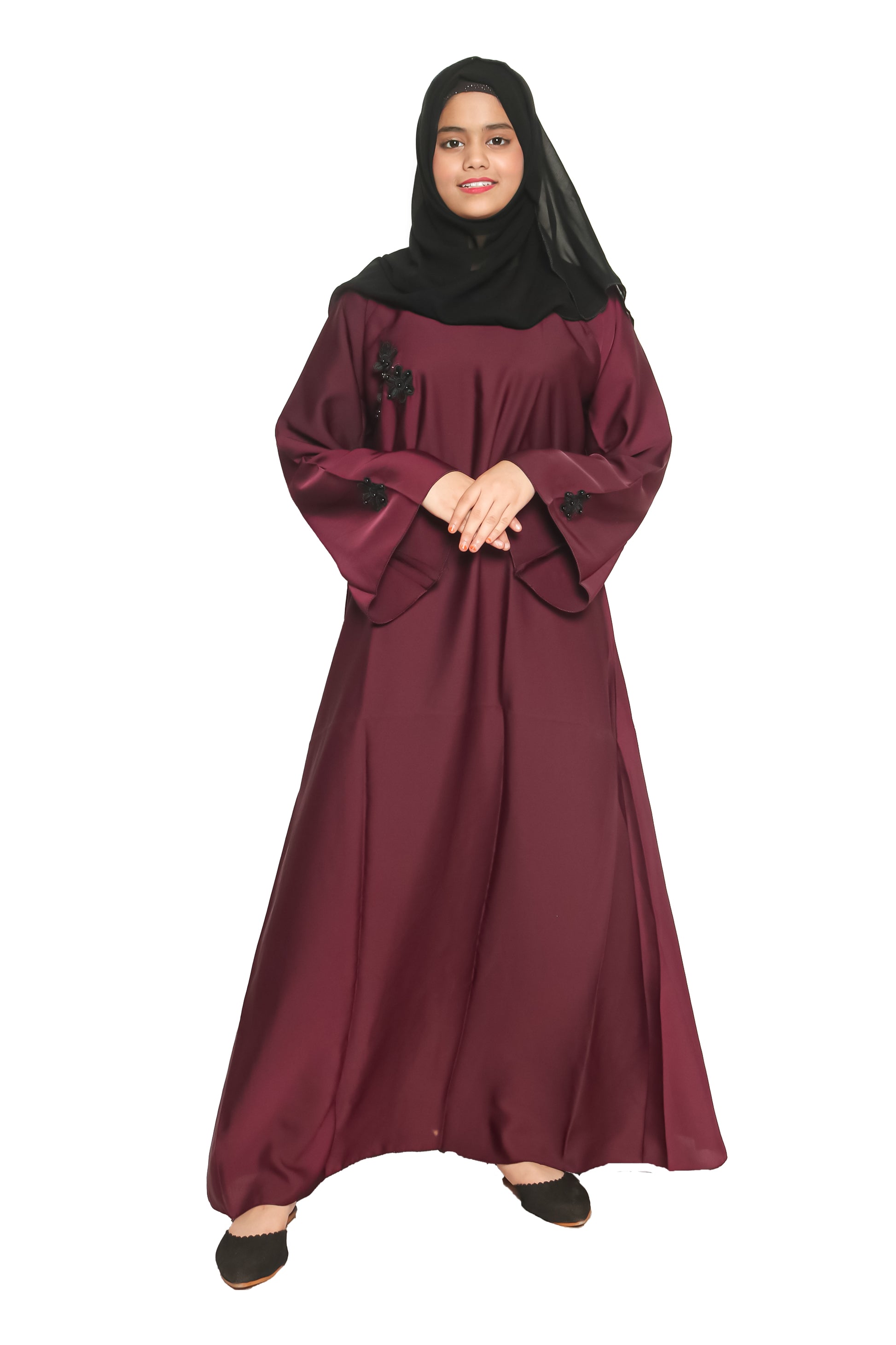 Modest City Self Design Plain Purple Nida with Flower Abaya or Burqa With Hijab for Women & Girls-Series Laiba