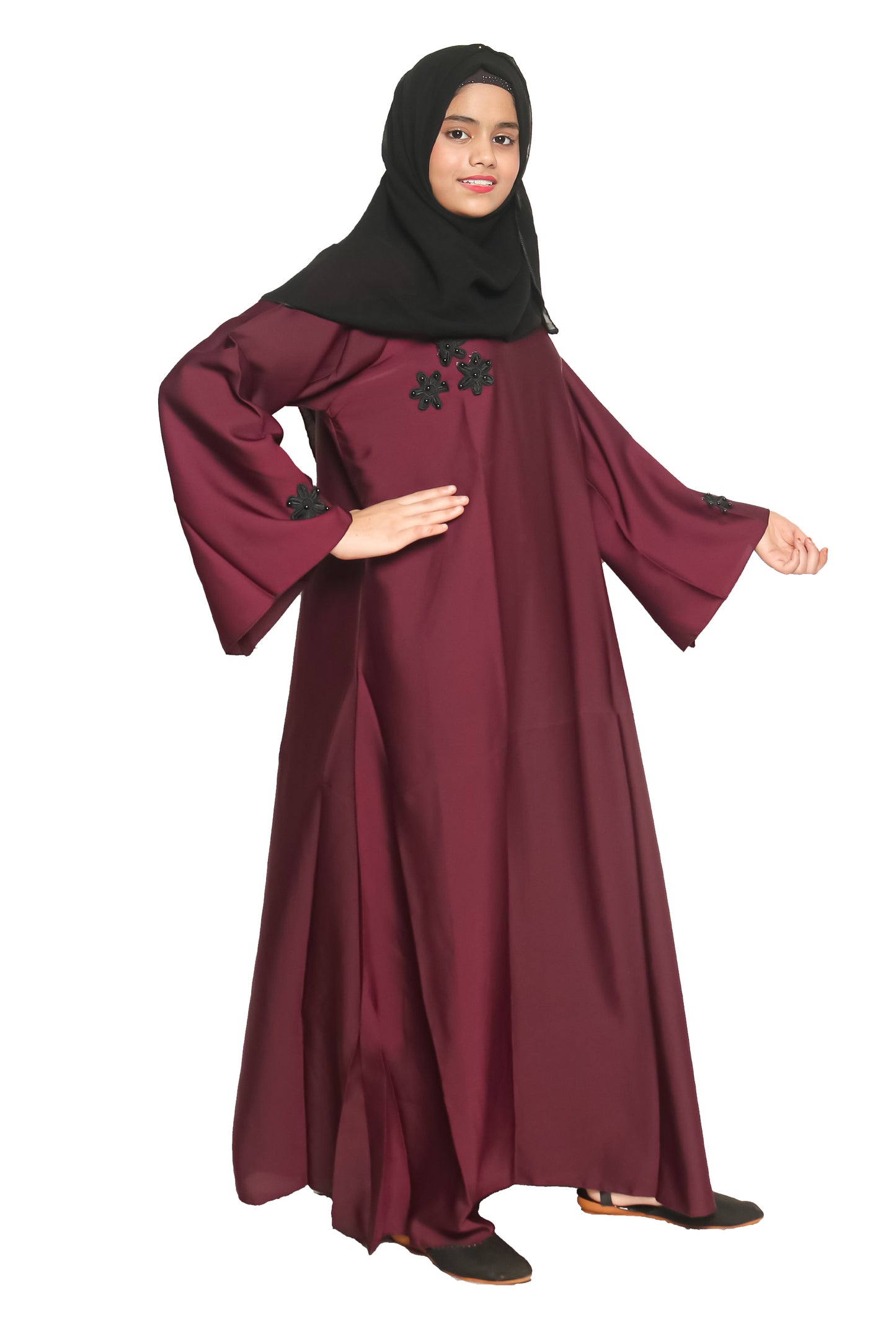 Modest City Self Design Plain Purple Nida with Flower Abaya or Burqa With Hijab for Women & Girls-Series Laiba