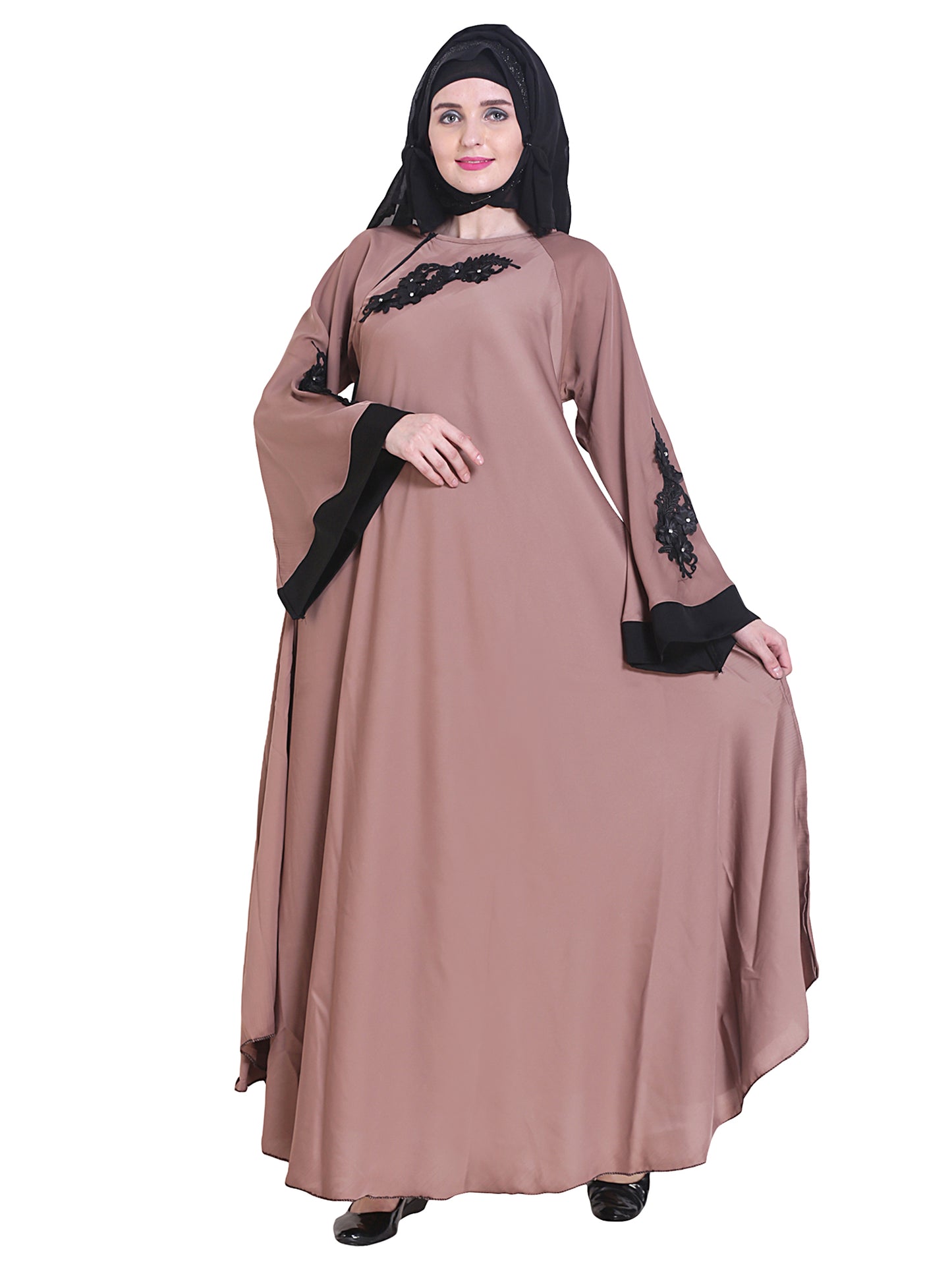 Modest City Beautiful Self Design Beige Patch Nida Abaya With Hijab_0233