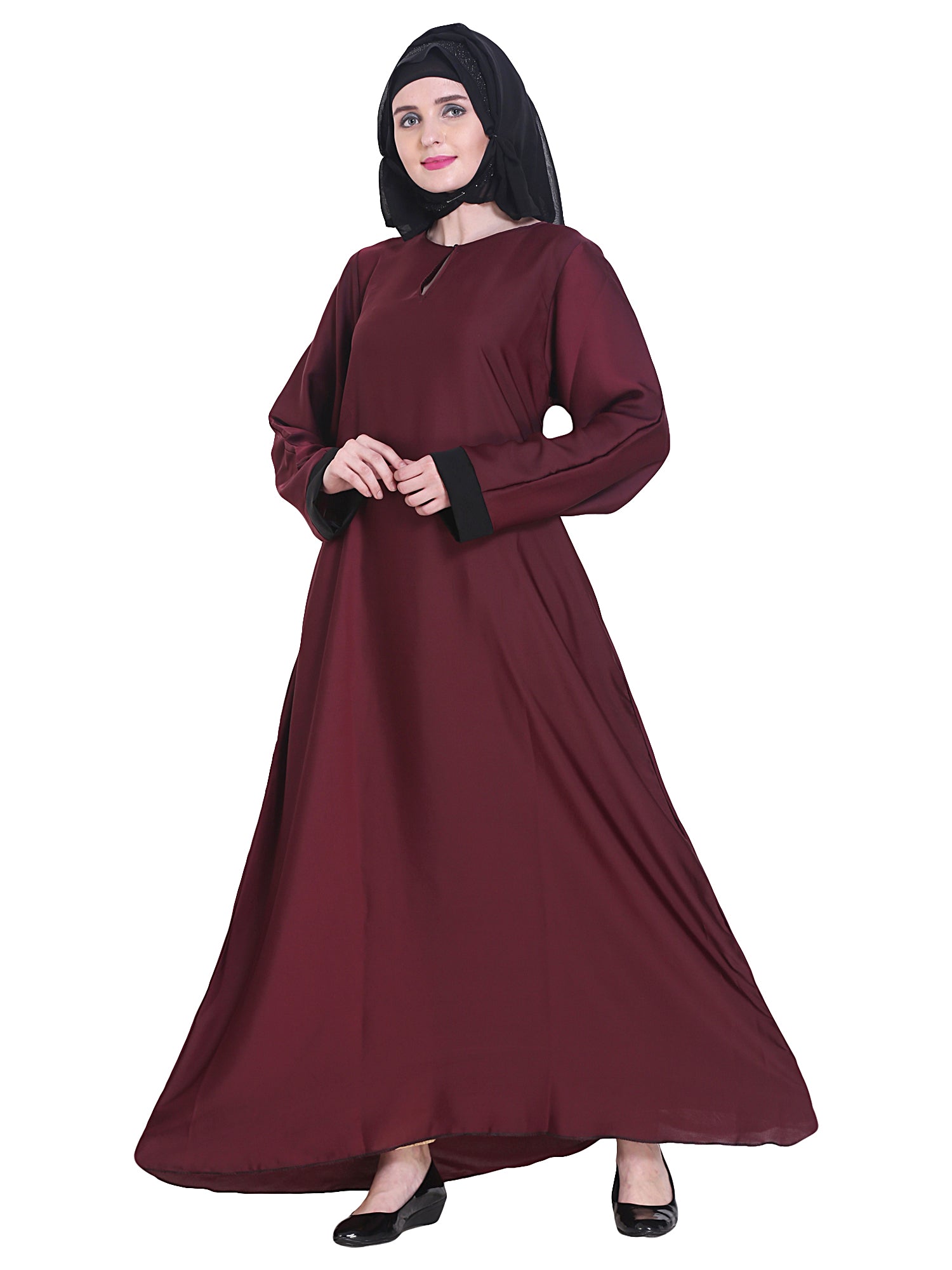 Modest City Beautiful Self Design Plain Maroon Nida Abaya With Hijab_0234