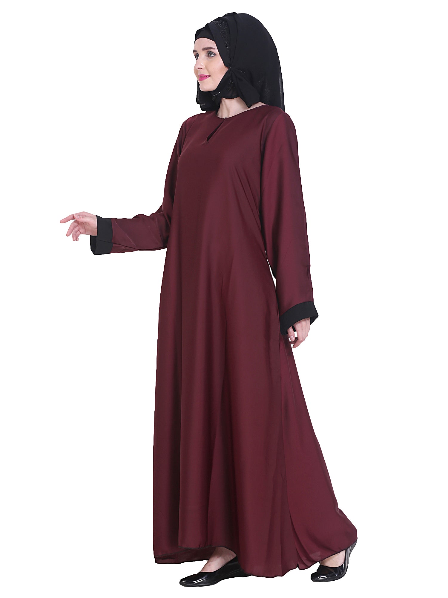 Modest City Beautiful Self Design Plain Maroon Nida Abaya With Hijab_0234