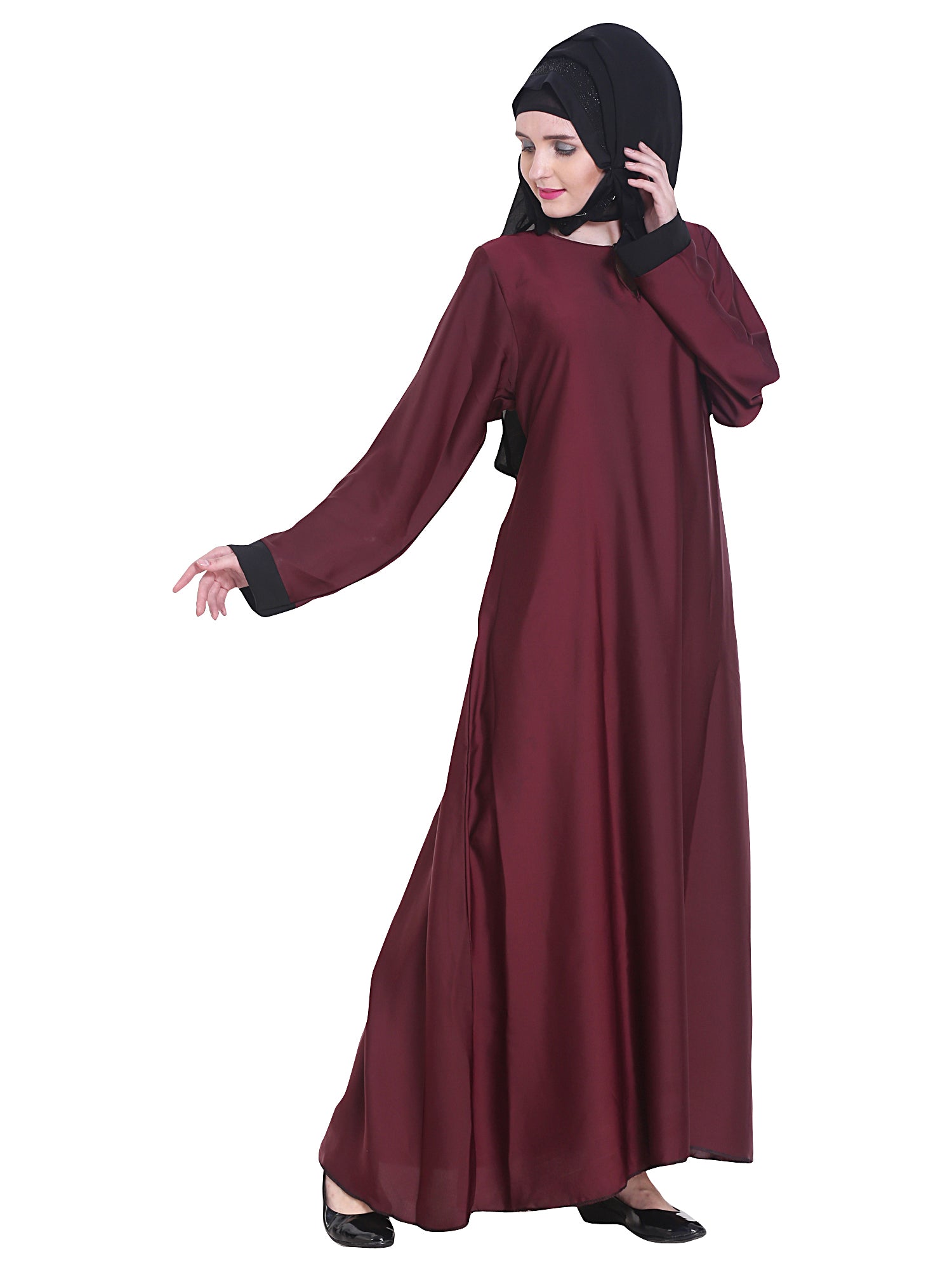 Modest City Beautiful Self Design Plain Maroon Nida Abaya With Hijab_0234