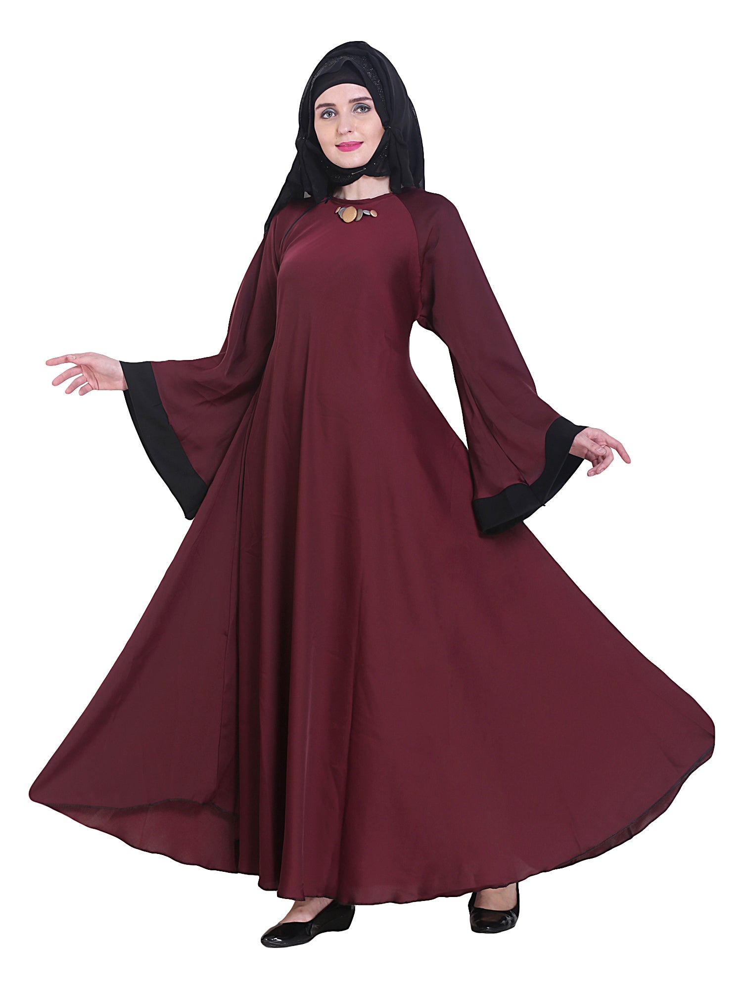 Modest City Beautiful Self Design Stone Work Maroon Nida Abaya With Hijab_0235