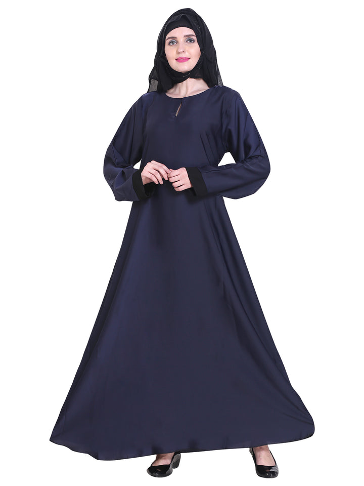 Modest City Beautiful Self Design Blue Plain Nida Abaya With Hijab_0236