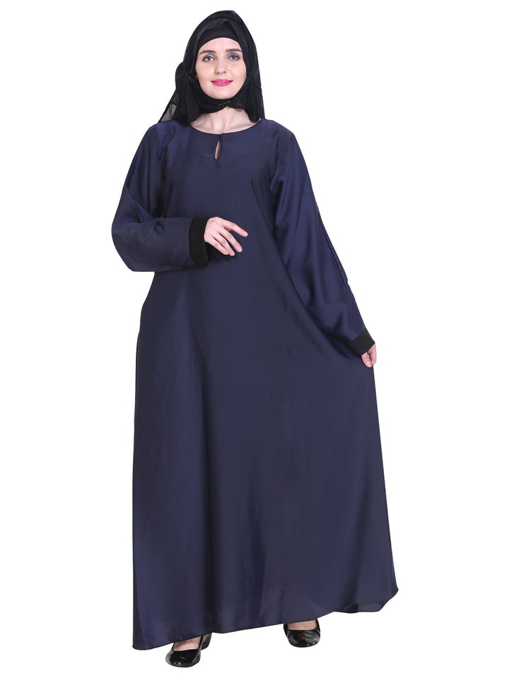 Modest City Beautiful Self Design Blue Plain Nida Abaya With Hijab_0236