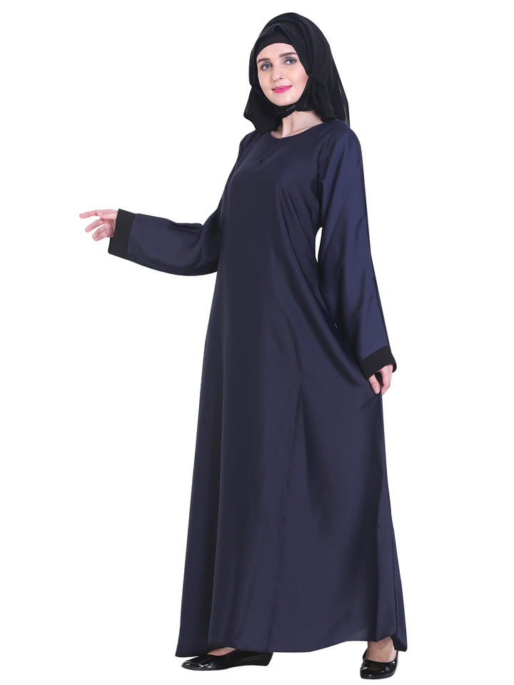 Modest City Beautiful Self Design Blue Plain Nida Abaya With Hijab_0236