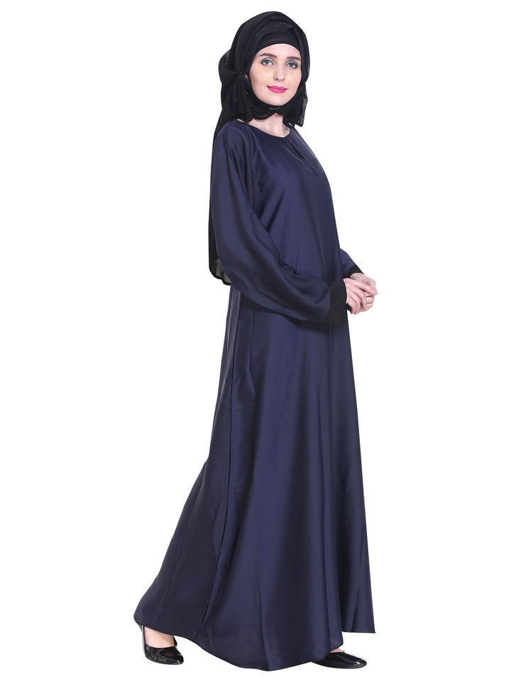 Modest City Beautiful Self Design Blue Plain Nida Abaya With Hijab_0236