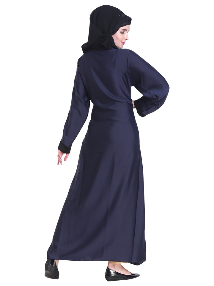 Modest City Beautiful Self Design Blue Plain Nida Abaya With Hijab_0236